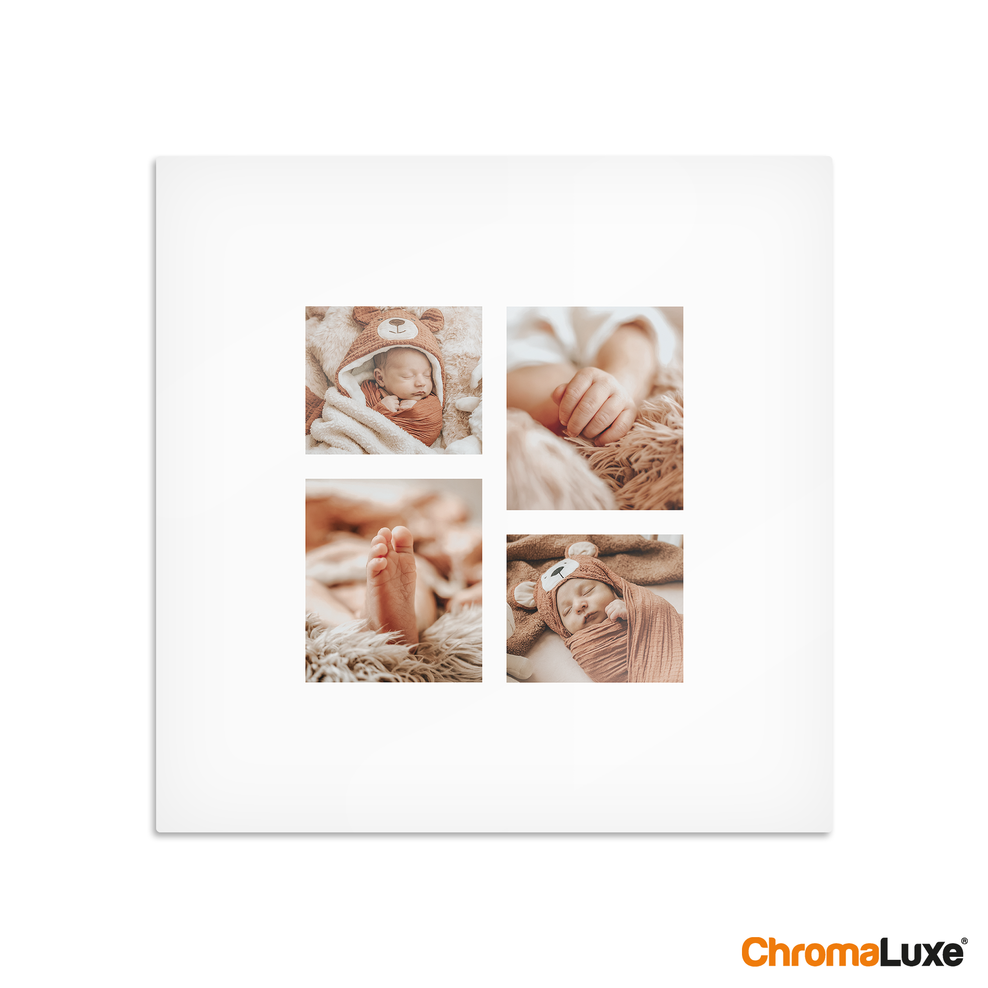 ChromaLuxe aluminium fotopaneel met een collage van vier babyfoto's bedrukt