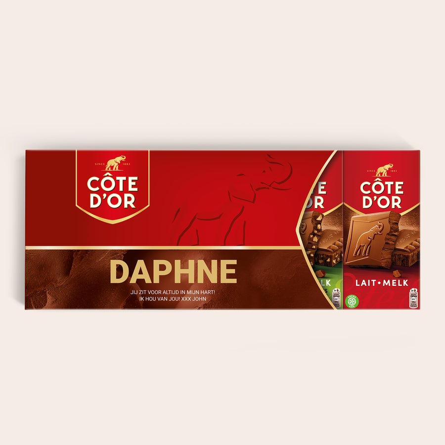Mega Côte d'Or reep met naam en foto bedrukken Mega Côte d'Or reep met naam en foto bedrukken