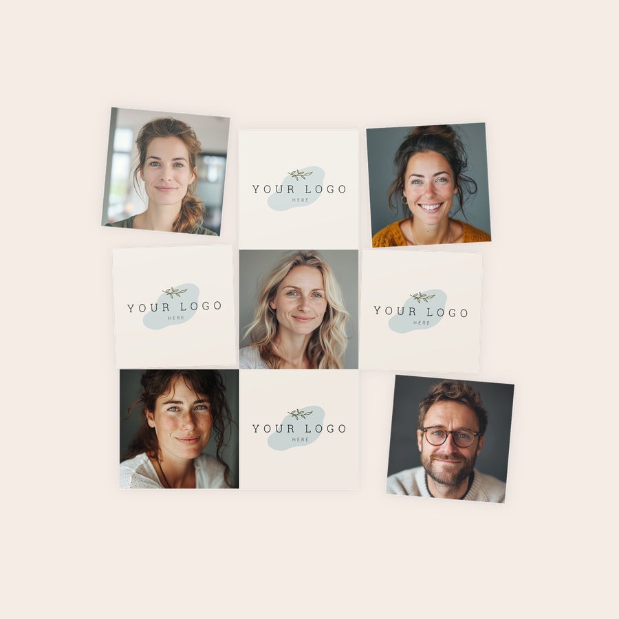 Hoja de imanes Imanes personalizados con fotos impresas de personas sonrientes y tu logotipo.