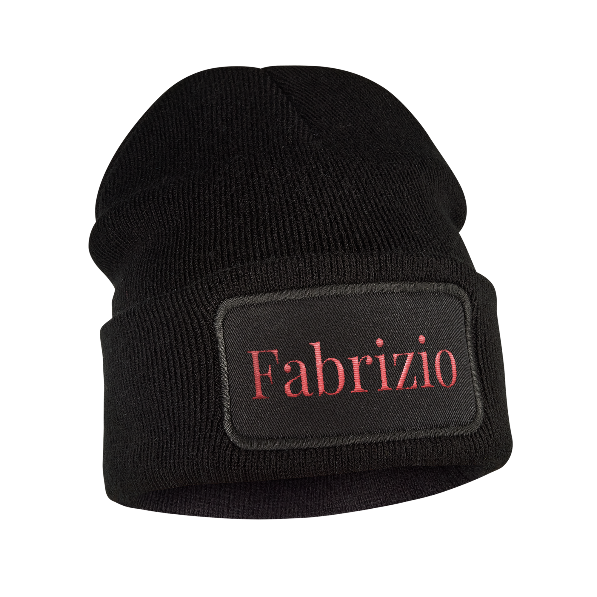 Berretto nero in maglia con risvolto, nome Fabrizio ricamato in rosso su etichetta nera, ideale per tenere calde le orecchie