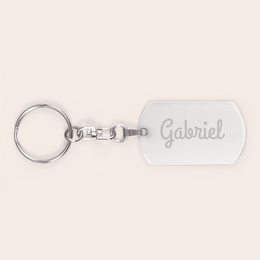 Gravírovaná kľúčenka Biely prívesok na kľúče s menom Gabriel, vyrytý pre personalizované kľúče s menom.