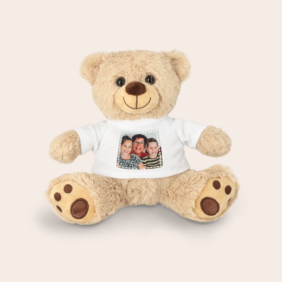 Orso di peluche personalizzato Orsetto di peluche marrone chiaro con maglietta bianca stampata con foto personalizzata di una signora e due bambini