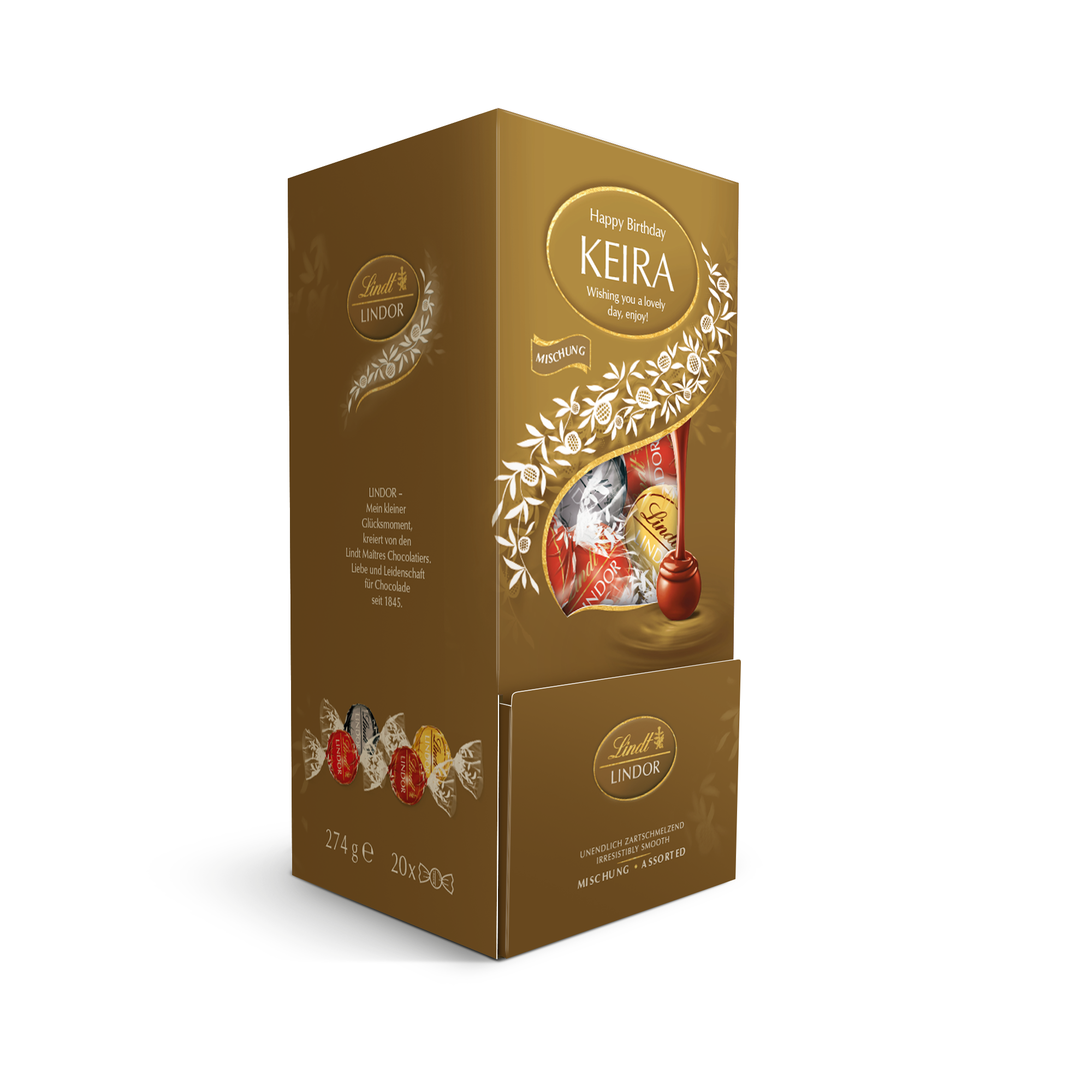 Personalised Lindt chocolate dispenser printed with Happy Birthday Keira and a custom message