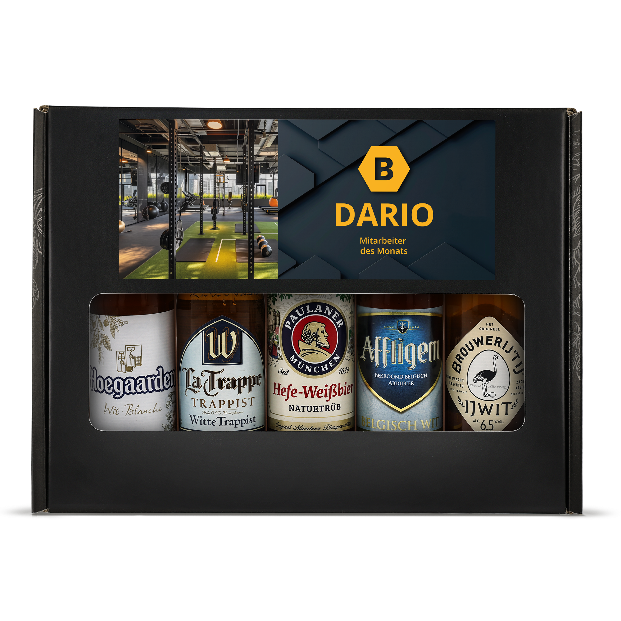 Bier Geschenkset personalisieren - Weizen mit 5 verschiedenen Bieren und personalisierter Banderole mit Foto und Text wie DARIO Mitarbeiter des Monats
