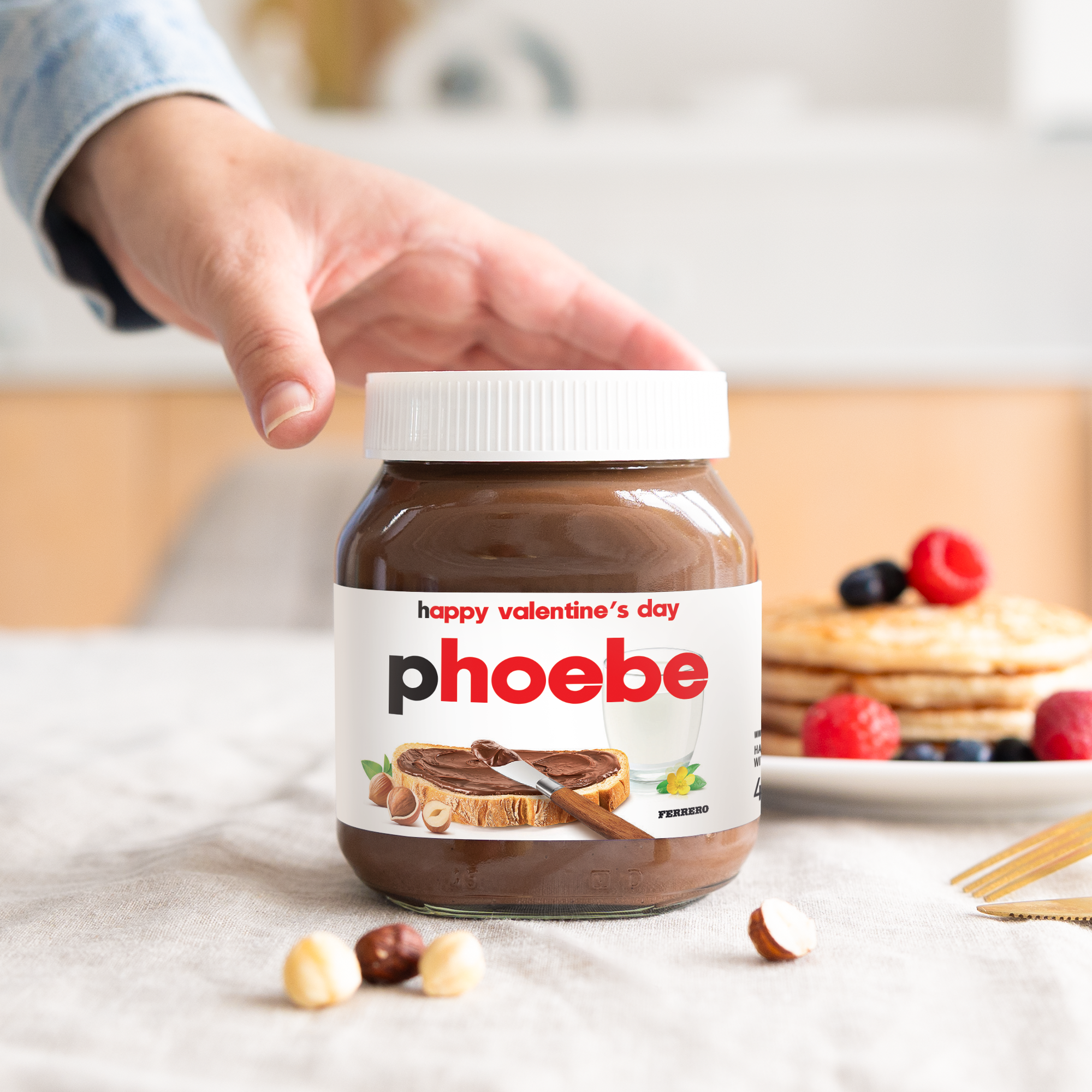 Personalised nutella® jar - 450 gr - Original with a custom label printed with happy valentines day and the name Phoebe