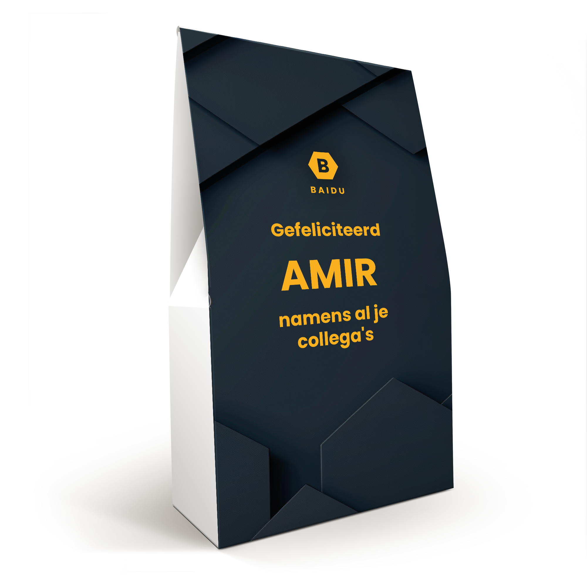 Gepersonaliseerde XL Haribo pouch in donkerblauw, bedrukt met Gefeliciteerd Amir namens al je collega's