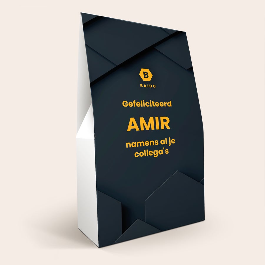 Grote Lindt box personaliseren Donkere Lindor chocolade giftbox met logo, naam Amir en tekst Gefeliciteerd namens al je collega's, gepersonaliseerd met foto, naam en tekst