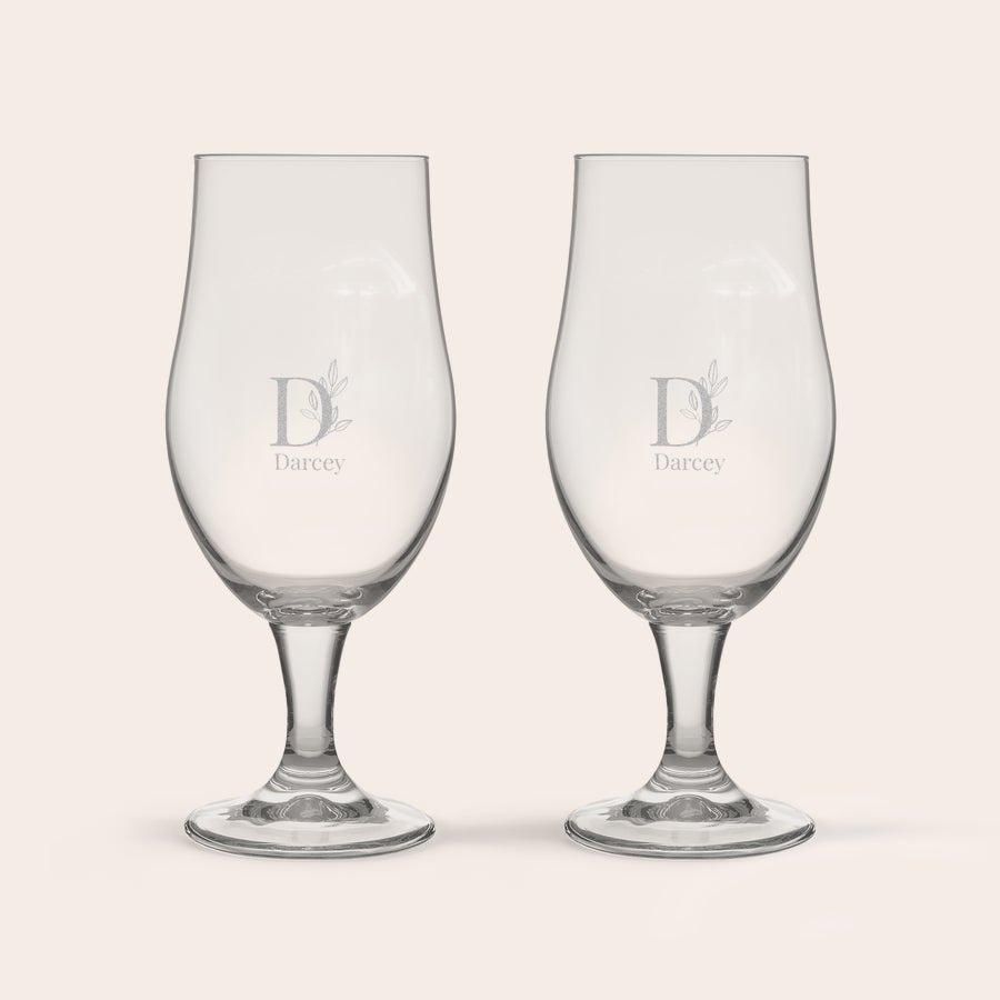 Personalised home beer brewing kit including glasses Two clear Royal Leerdam beer glasses, each engraved with a decorative D initial and the name Darcey, ideal for any beer lover.