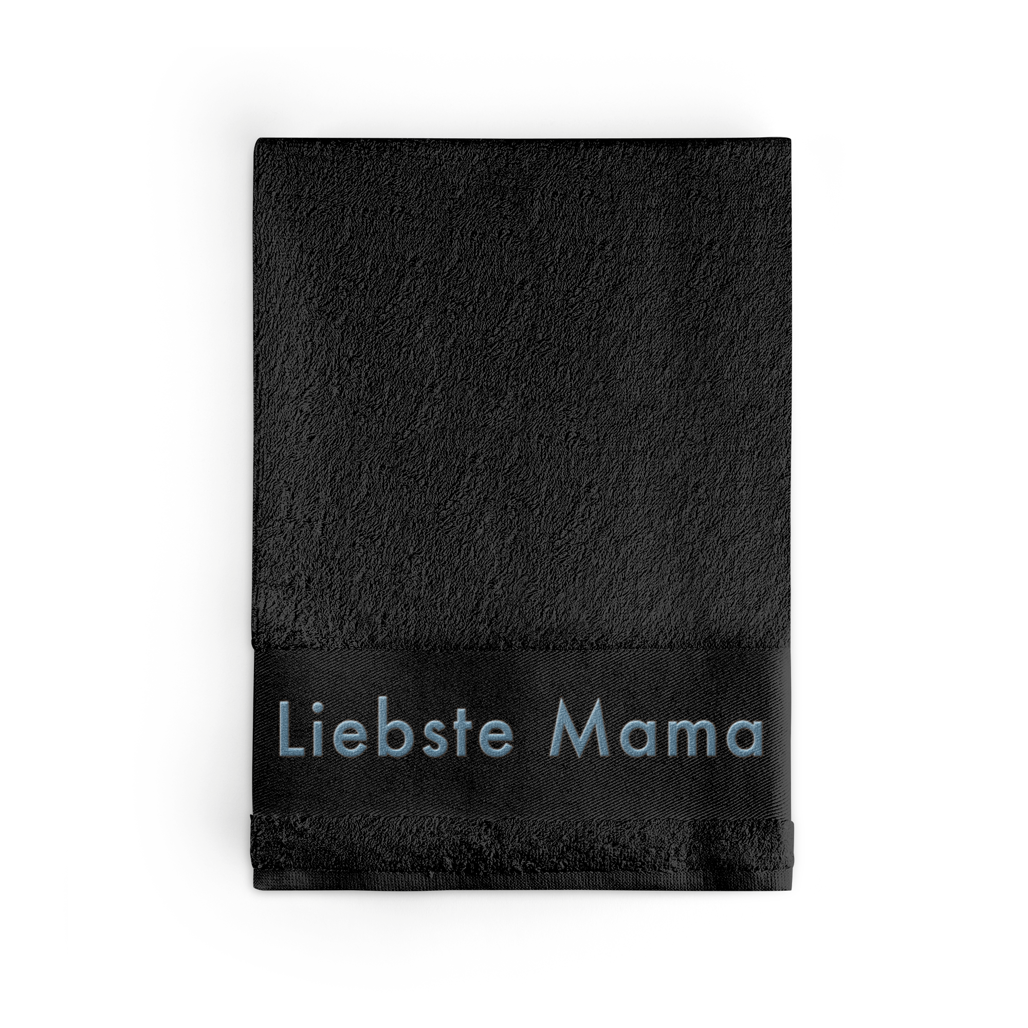 Personalisiertes schwarzes Badetuch mit dem Text „Liebste Mama“ in Hellblau bestickt. Erschaffe etwas Einzigartiges.