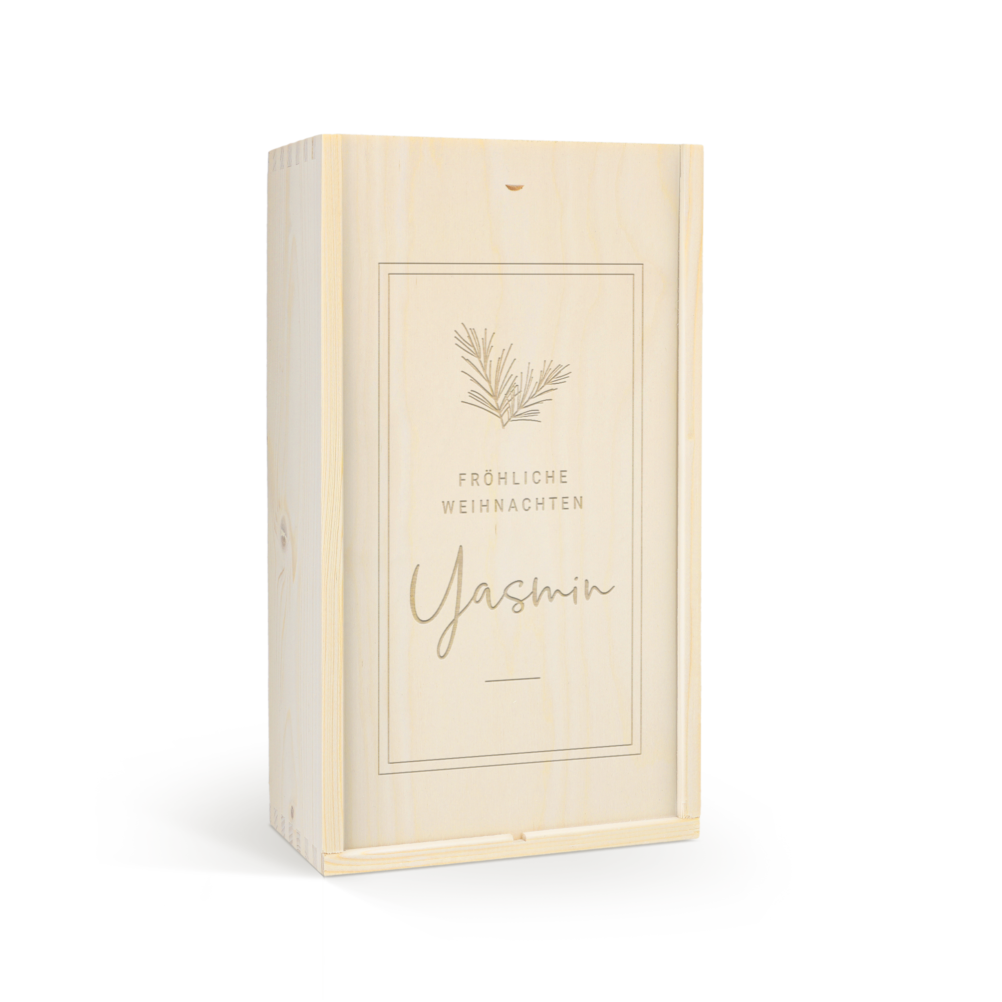 Edle Weinkiste für 2 Flaschen mit Gravur "Fröhliche Weihnachten Jasmin" und Tannenzweig-Motiv