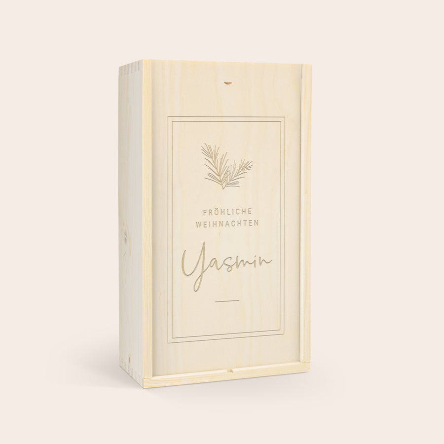 Weinkiste personalisiert Edle Weinkiste für 2 Flaschen mit Gravur "Fröhliche Weihnachten Jasmin" und Tannenzweig-Motiv