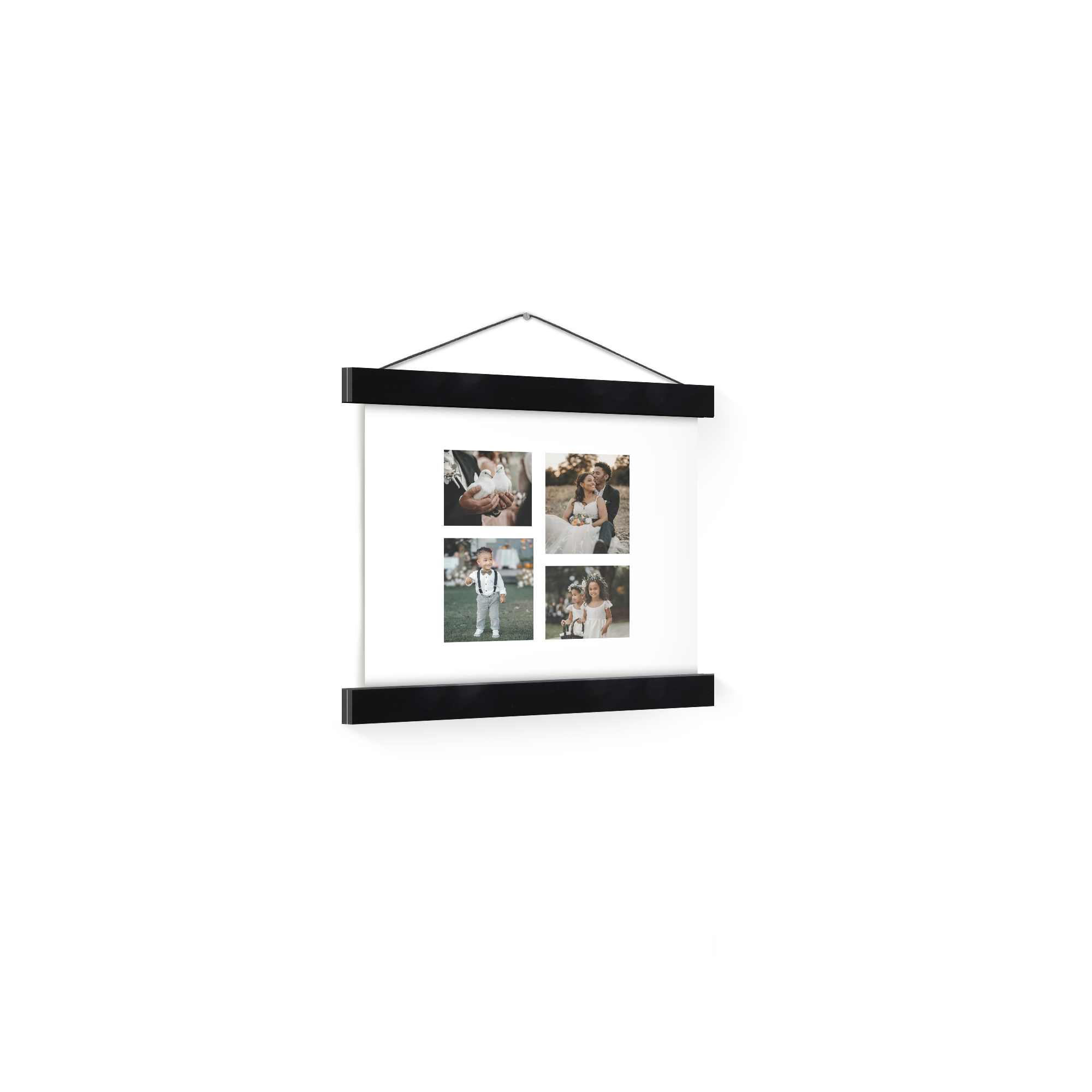 Poster foto personalizat cu patru imagini, agățat cu un cuier magnetic din lemn.