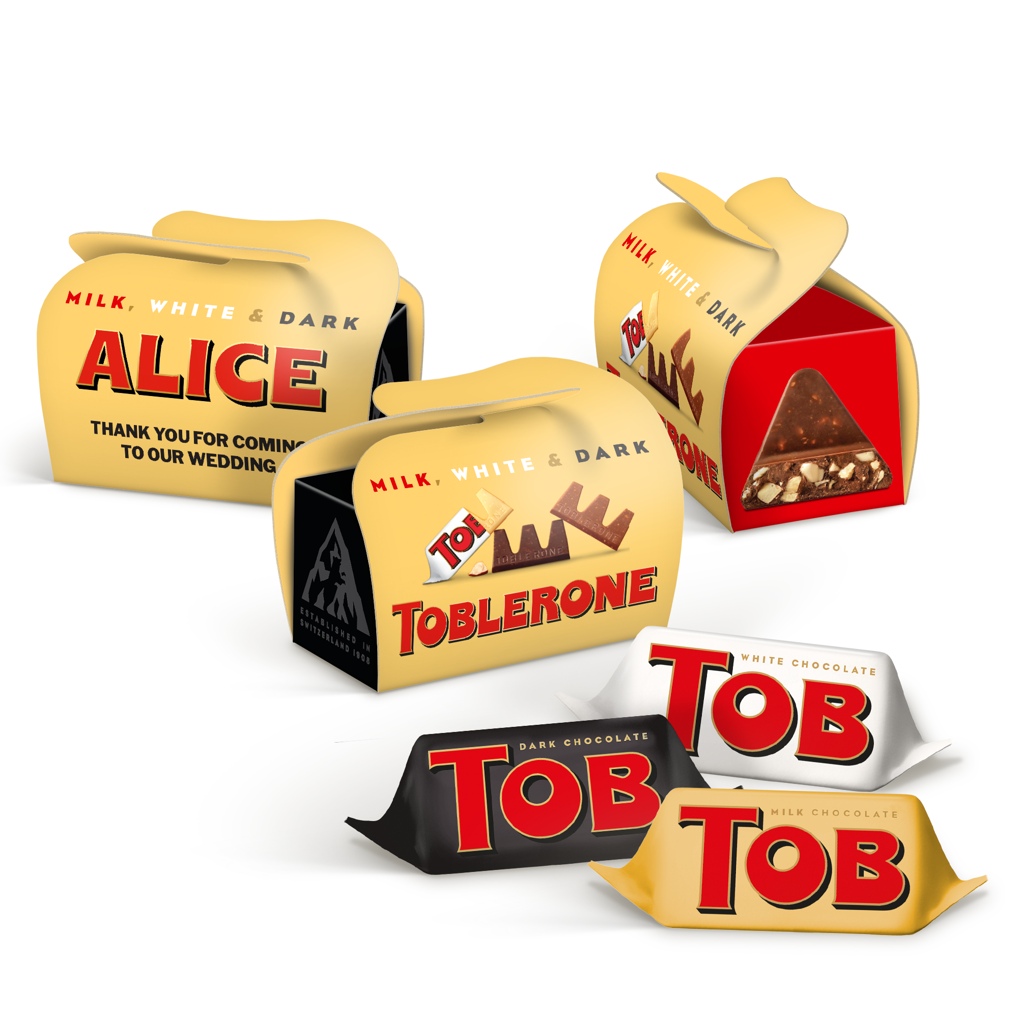 Testreszabott mini Toblerone bonbonok egyedi dobozban nevekkel és köszönő üzenettel.