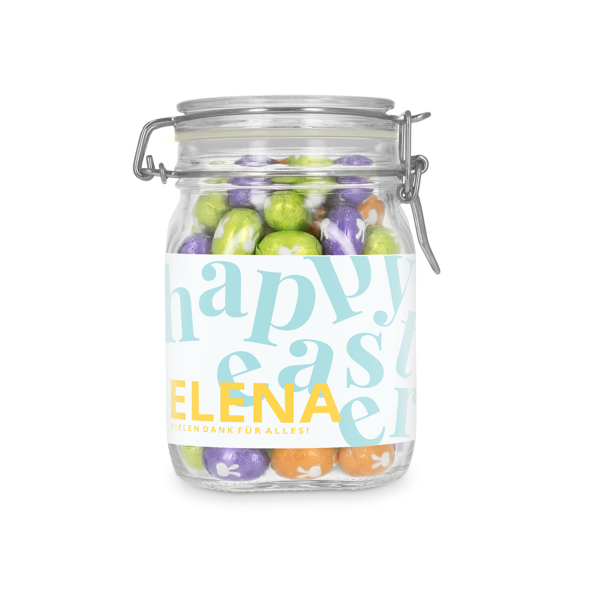 Personalisiertes Bonbonglas – 1L – Schokoladeneier, individuell mit Name 'ELENA' und 'VIELEN DANK FÜR ALLES!' bedruckt, gefüllt mit bunten Schokoladeneiern.