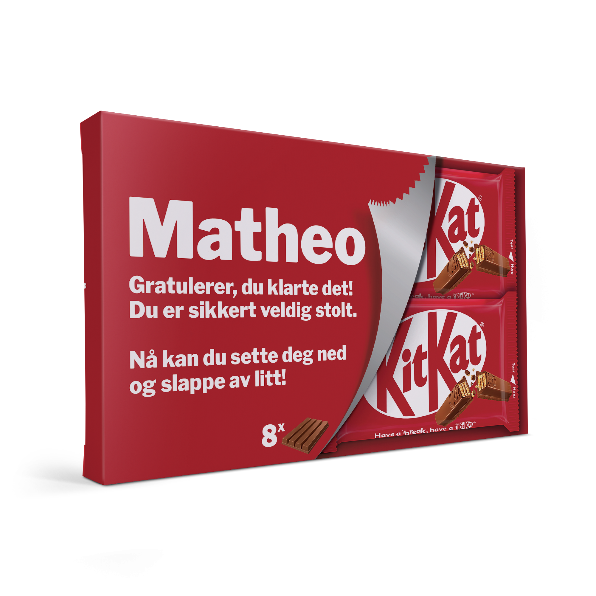 KitKat Bars gaveeske med "Matheo" og personlig melding trykt i full farge.