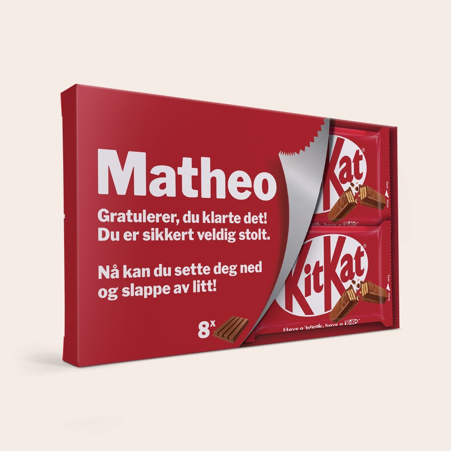 Personlig KitKat Bars gaveeske KitKat Bars gaveeske med "Matheo" og personlig melding trykt i full farge.