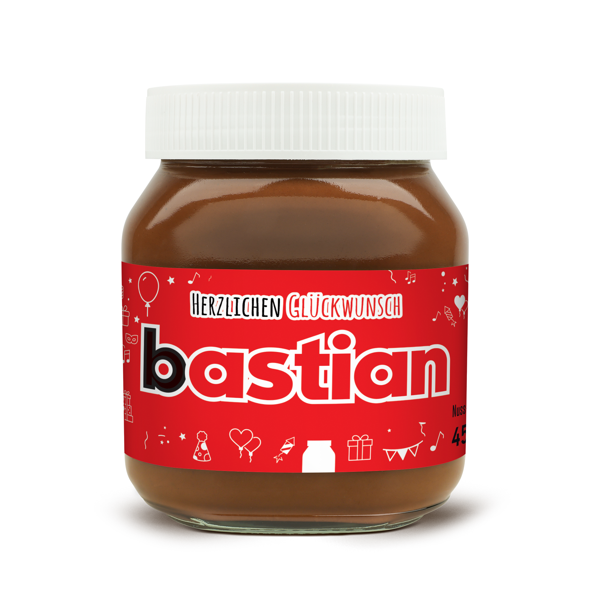 nutella Glas 450 Gramm personalisieren - Party mit Namen Bastian und Glückwunsch auf rotem Etikett bedruckt