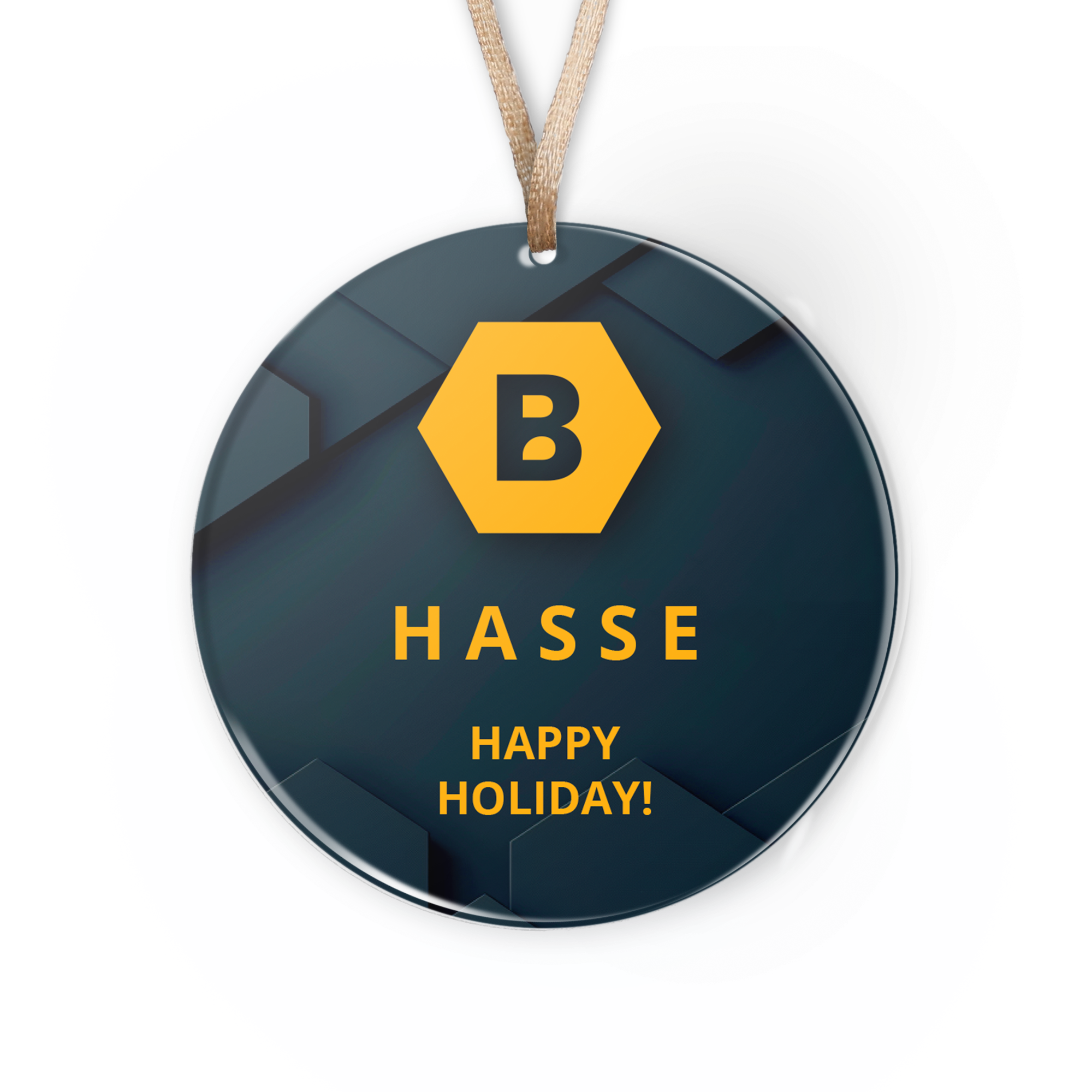 Runt personligt julpynt i plexiglas med UV-tryckt B Hasse Happy Holiday och texten Överraska dem med personliga julpynt i plexiglas!