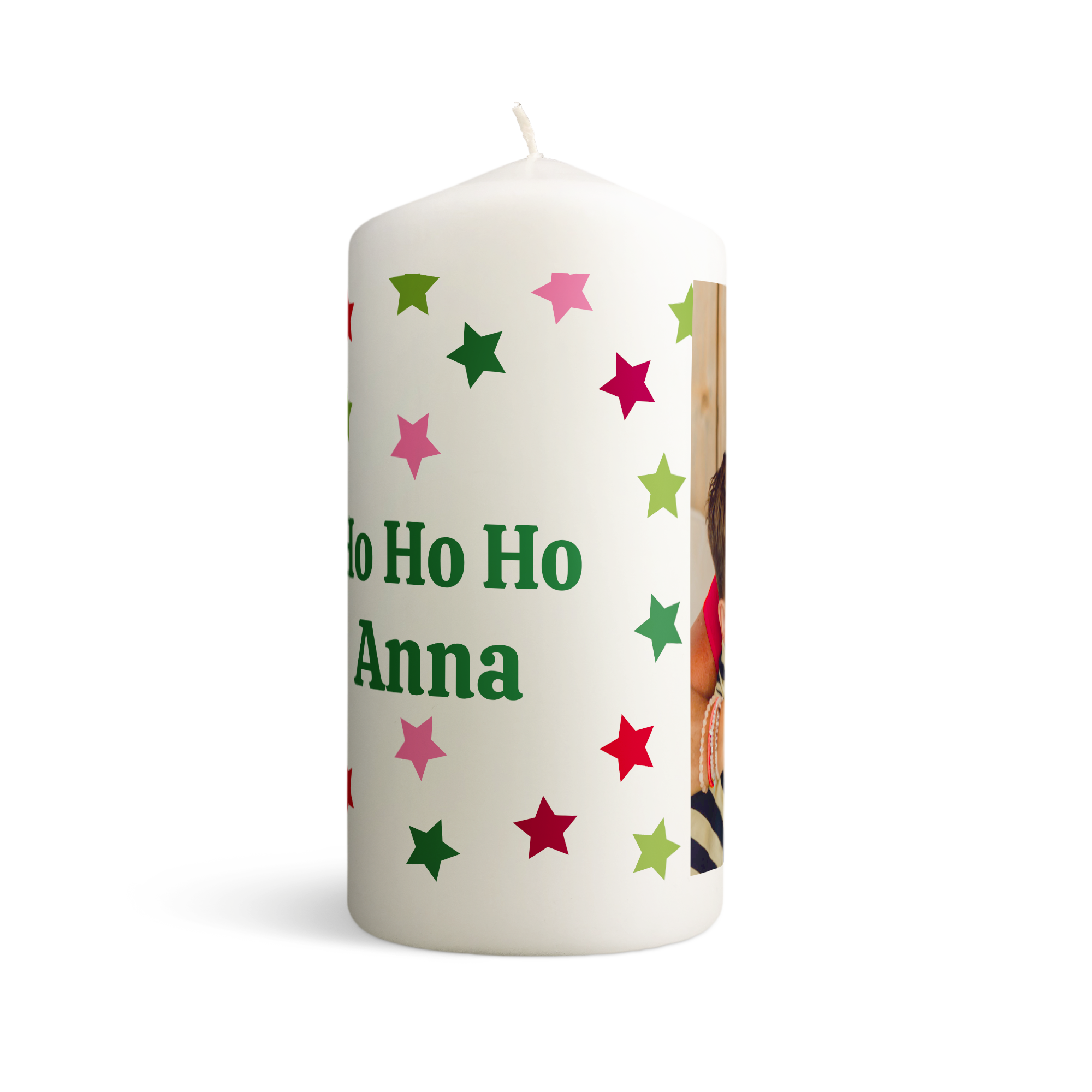 Personlig lys med "Ho Ho Ho Anna" tekst og fargerike stjerner, trykt med eget foto.