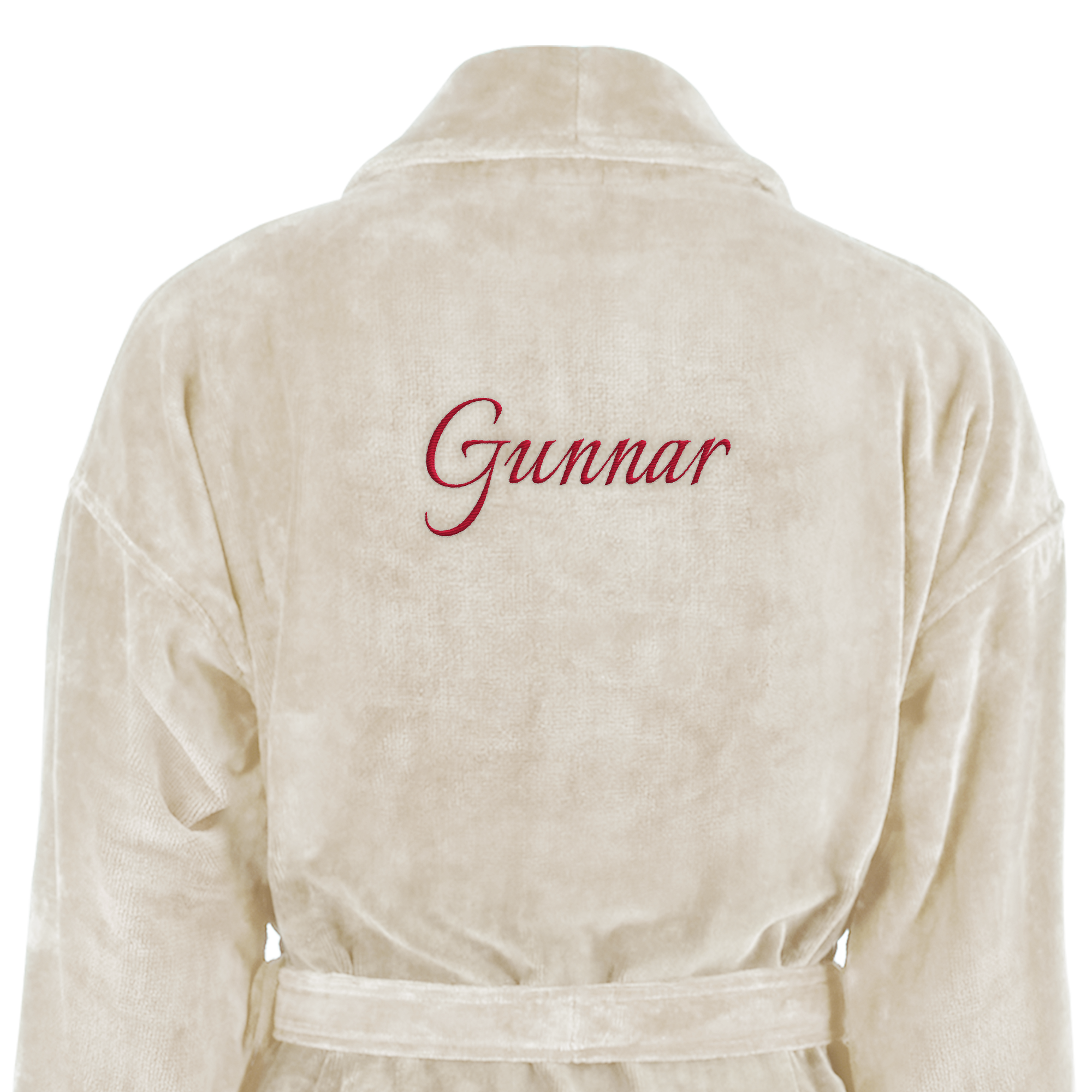 Beiger Frottee Bademantel mit dem Namen Gunnar in Rot auf dem Rücken bestickt, Ihr eigener Bademantel mit Namen bestickt.