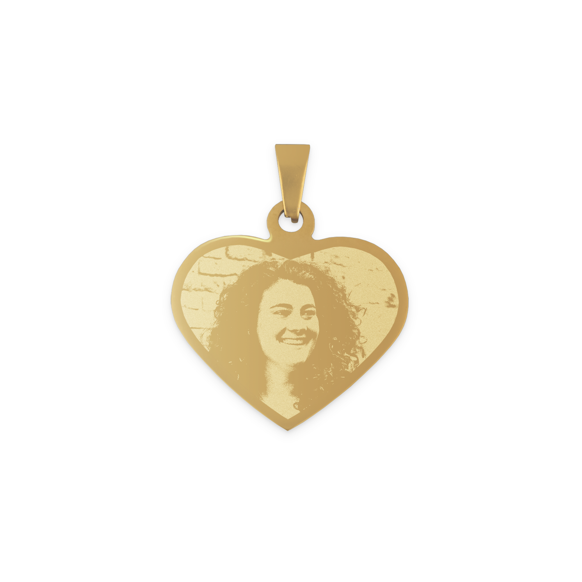 Pingente de ouro em formato de coração com foto de mulher gravada, personalizado com uma foto e um texto