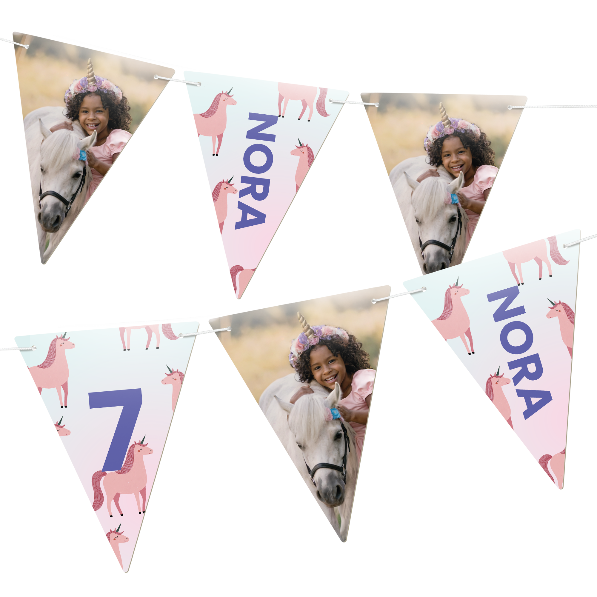 Guirlande de fanions personnalisés - Triangle - L - 5 m, avec photos et le texte Nora imprimés, motifs licorne et numéro 7