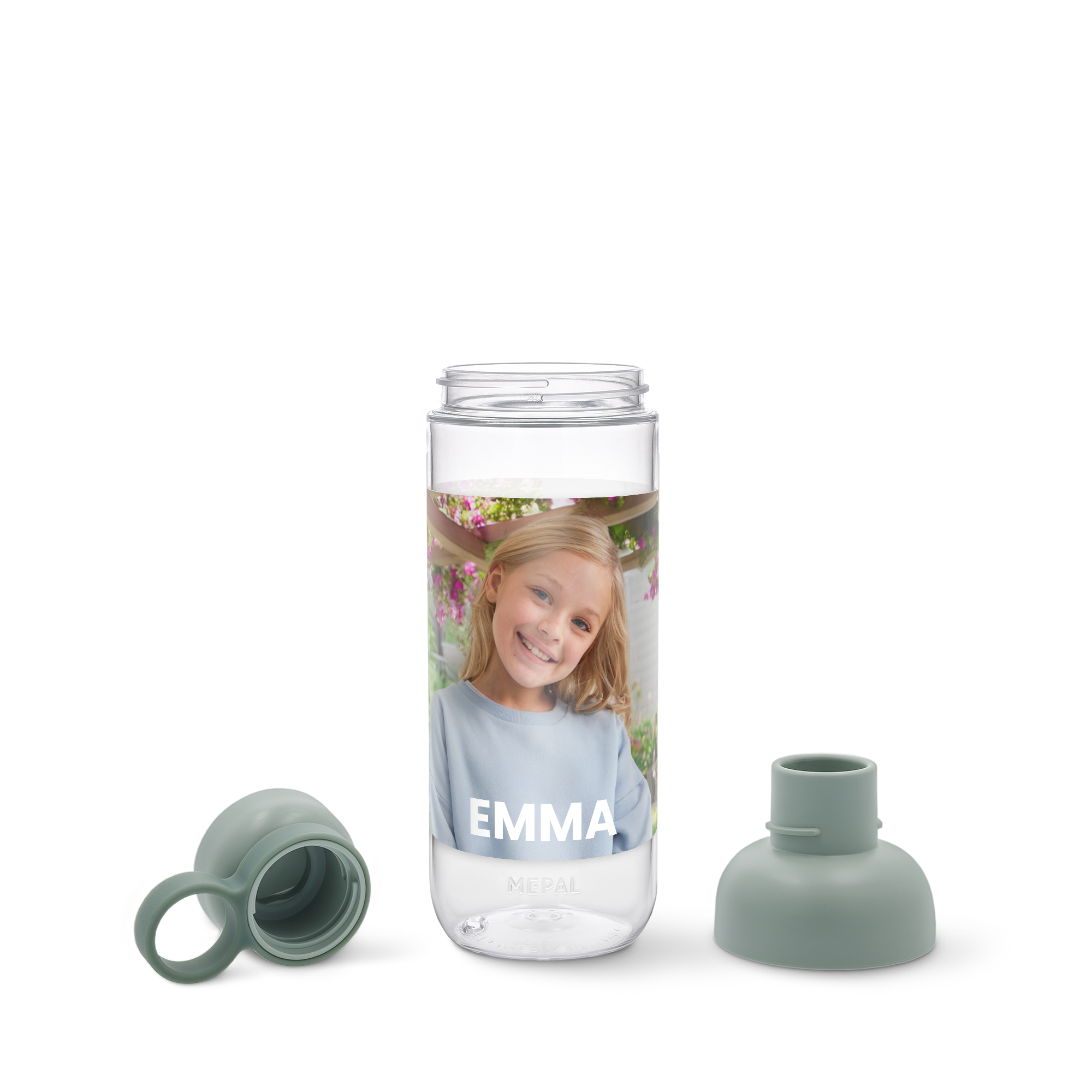Priehľadná fľaša na vodu Mepal s potlačenou fotografiou usmiateho dievčatka a menom EMMA.