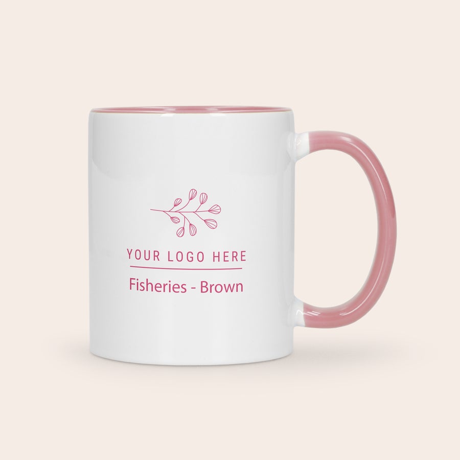 Taza colorida personalizada Taza personalizada blanca con interior y asa rosa, impresa con una rama y texto personalizable.