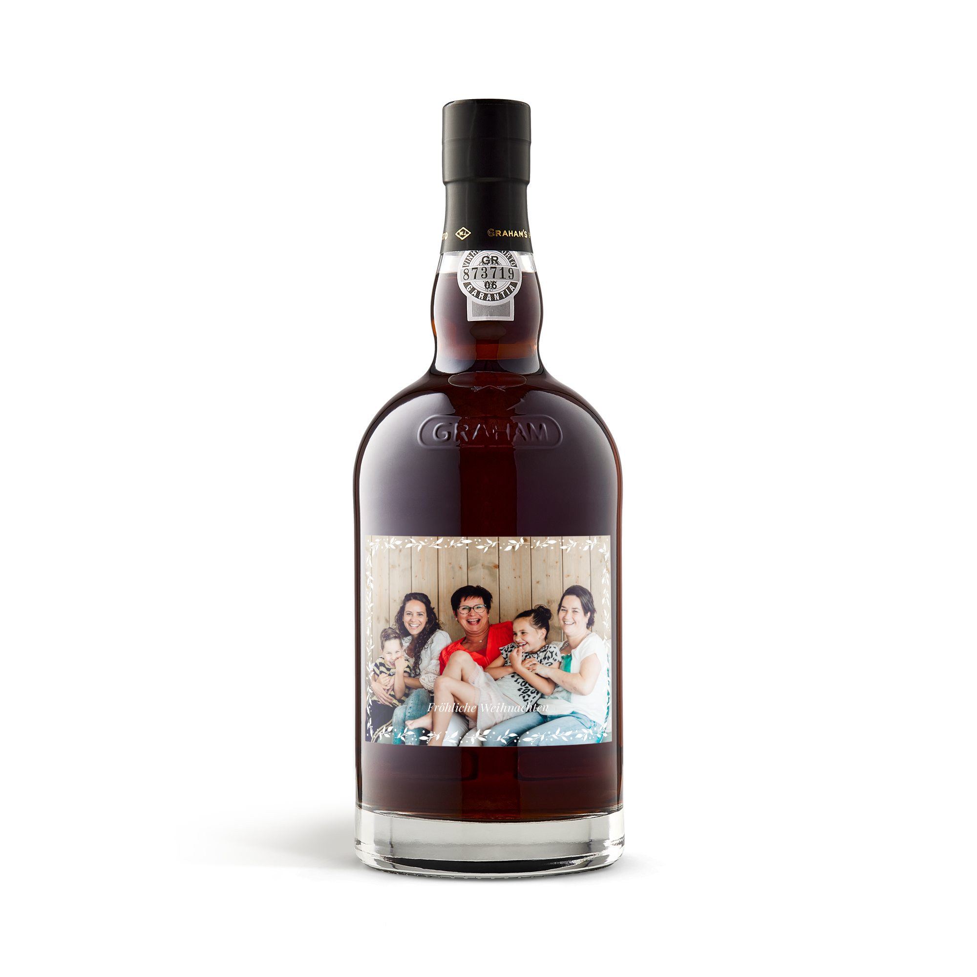 Flasche Graham's The Tawny Reserve mit eigenem personalisierten Fotoetikett und Text "Froehliche Weihnachten"