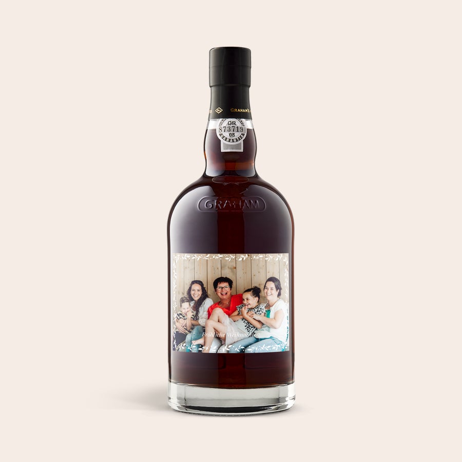 Portwein Graham's - The Tawny Reserve personalisieren Flasche Graham's The Tawny Reserve mit eigenem personalisierten Fotoetikett und Text "Froehliche Weihnachten"