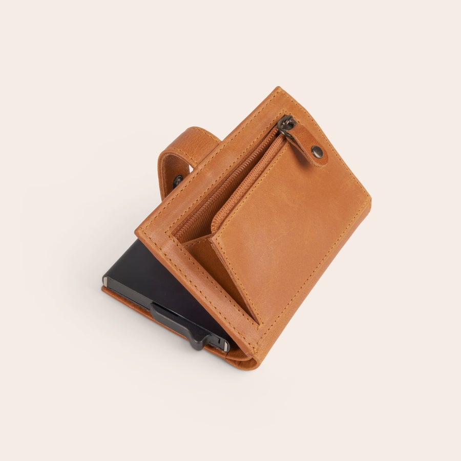 Portacarte con nome Portacarte bancario in pelle personalizzato marrone con cerniera e scomparti per carte di credito inciso con un nome