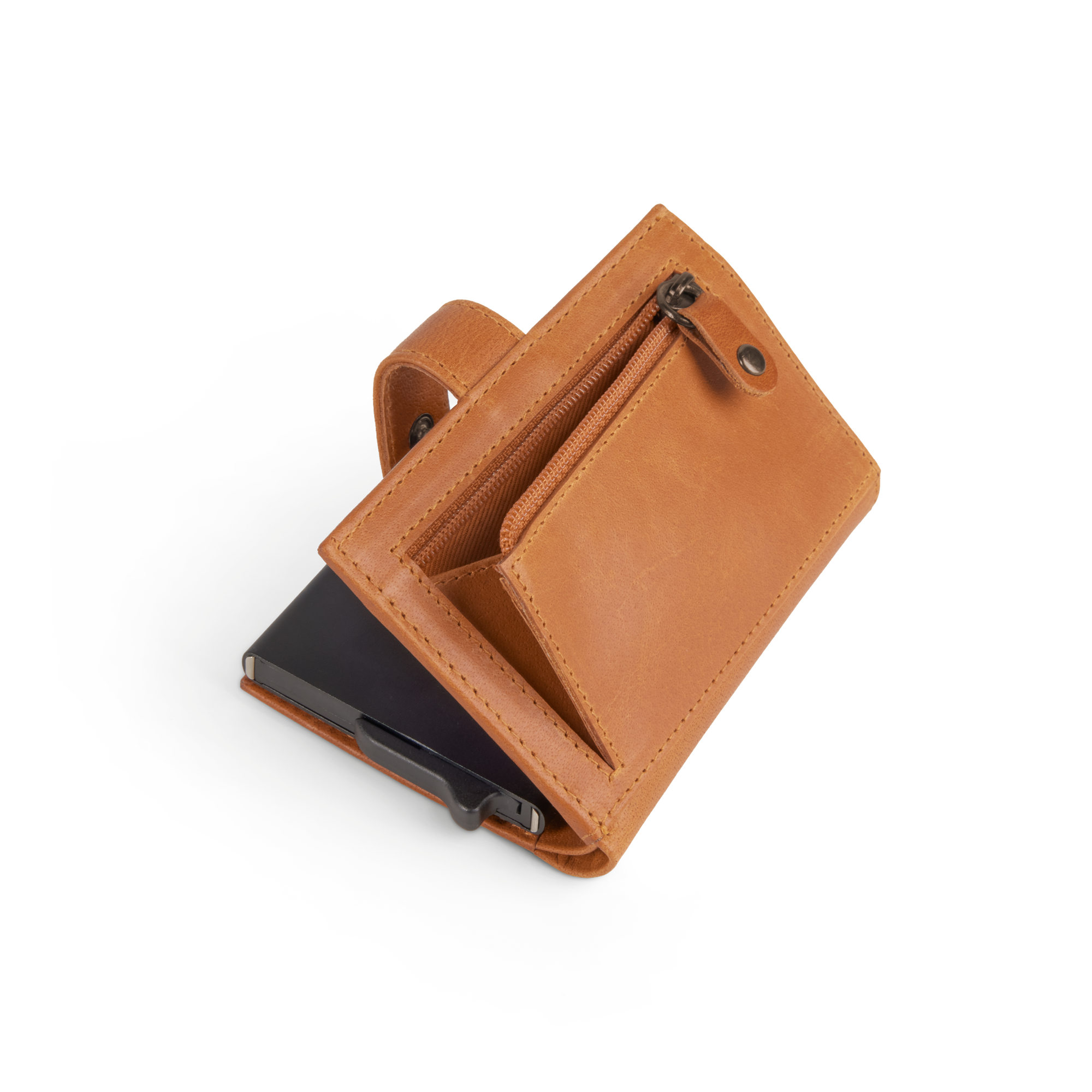 Suport card bancar personalizat din piele maro, cu fermoar, gravat cu numele dorit