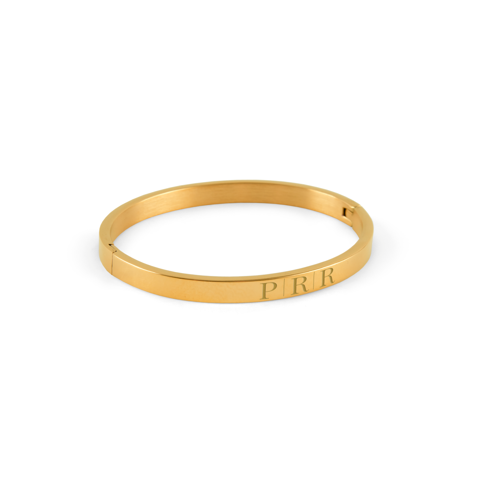 Pulseira dourada gravada com as iniciais PRR presente personalizado ideal para surpreender entes queridos