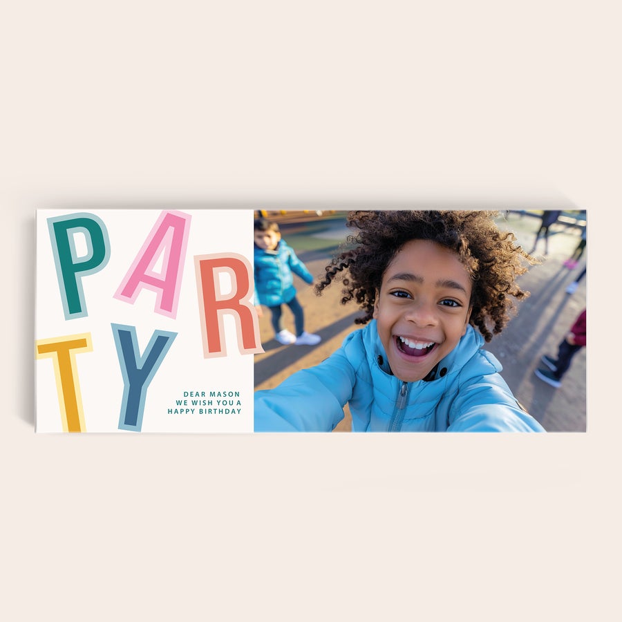 Tableta de chocolate personalizada Milka XXL Barra de chocolate XXL personalizada con foto de niño sonriente y texto "PARTY", "DEAR MASON WE WISH YOU A HAPPY BIRTHDAY".