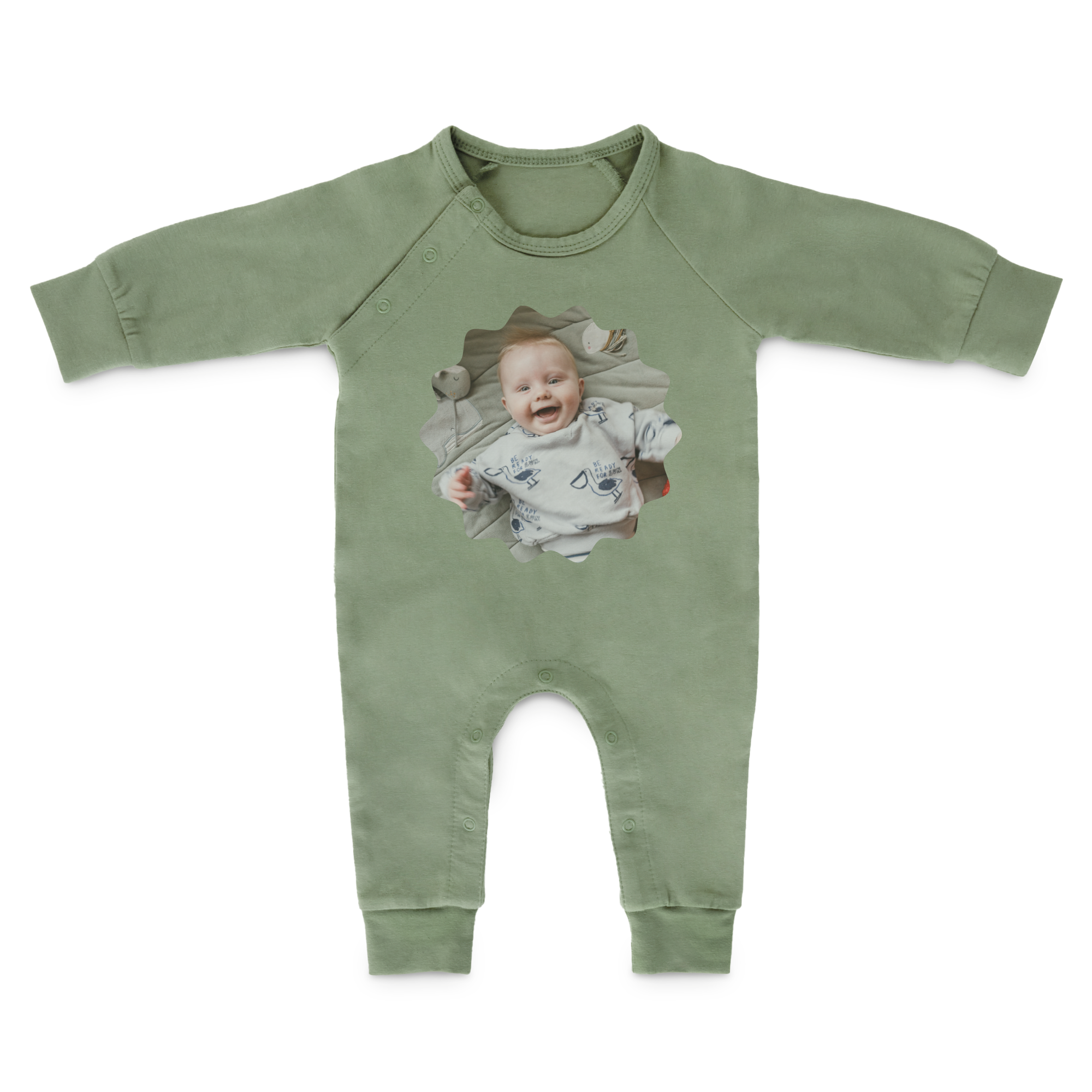 Body de bebé color verde con foto personalizada de un bebé sonriendo, impreso para ¡A mover esas piernas gorditas!
