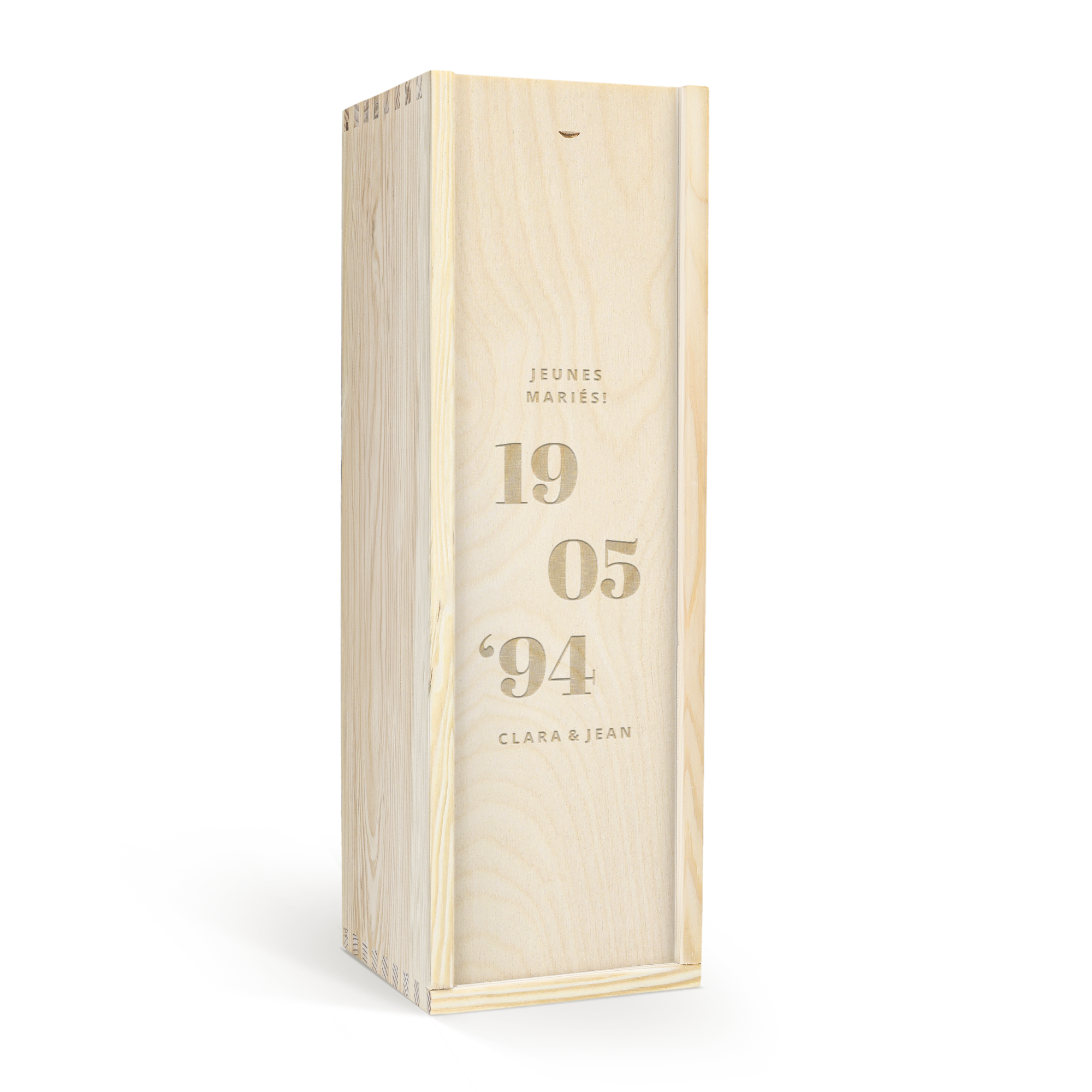 Coffret de luxe en bois personnalisé pour vin rosé, gravé avec Jeunes Mariés, 19 05 94, Clara & Jean.