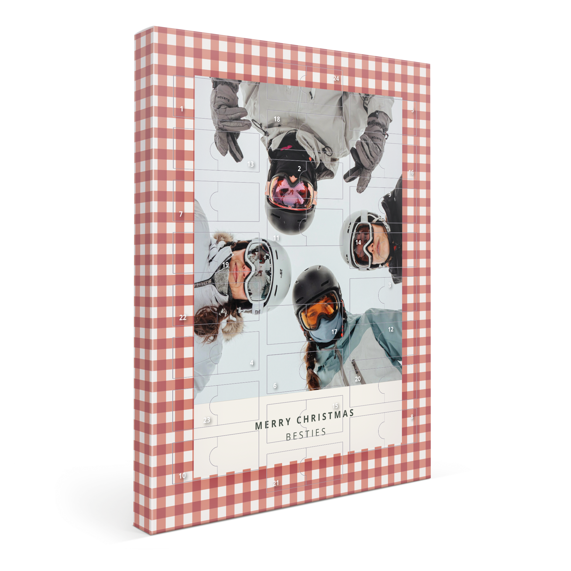 A Milka Favourites advent calendar, printed with a personalized photo of four friends in ski gear and "MERRY CHRISTMAS BESTIES" text.