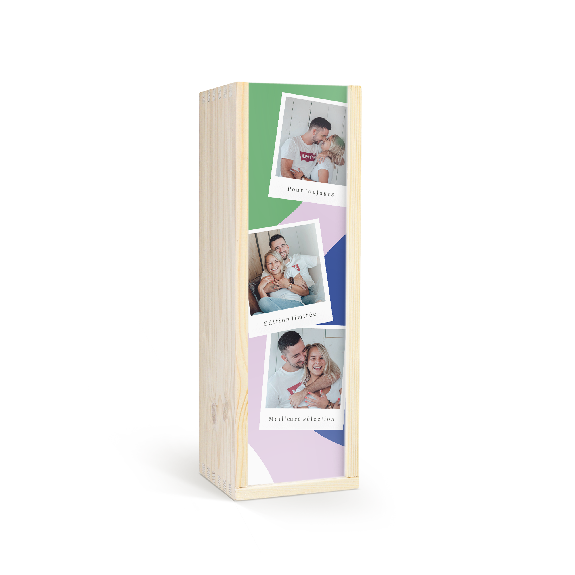 Coffret en bois personnalisé avec 3 photos et textes "Pour toujours", "Edition limitée" et "Meilleure sélection"
