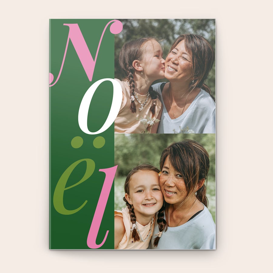 Réalisation de cartes de Noël personnalisées - XL Carte de Noël personnalisée avec des photos imprimées d'une mère et sa fille et le mot Noël