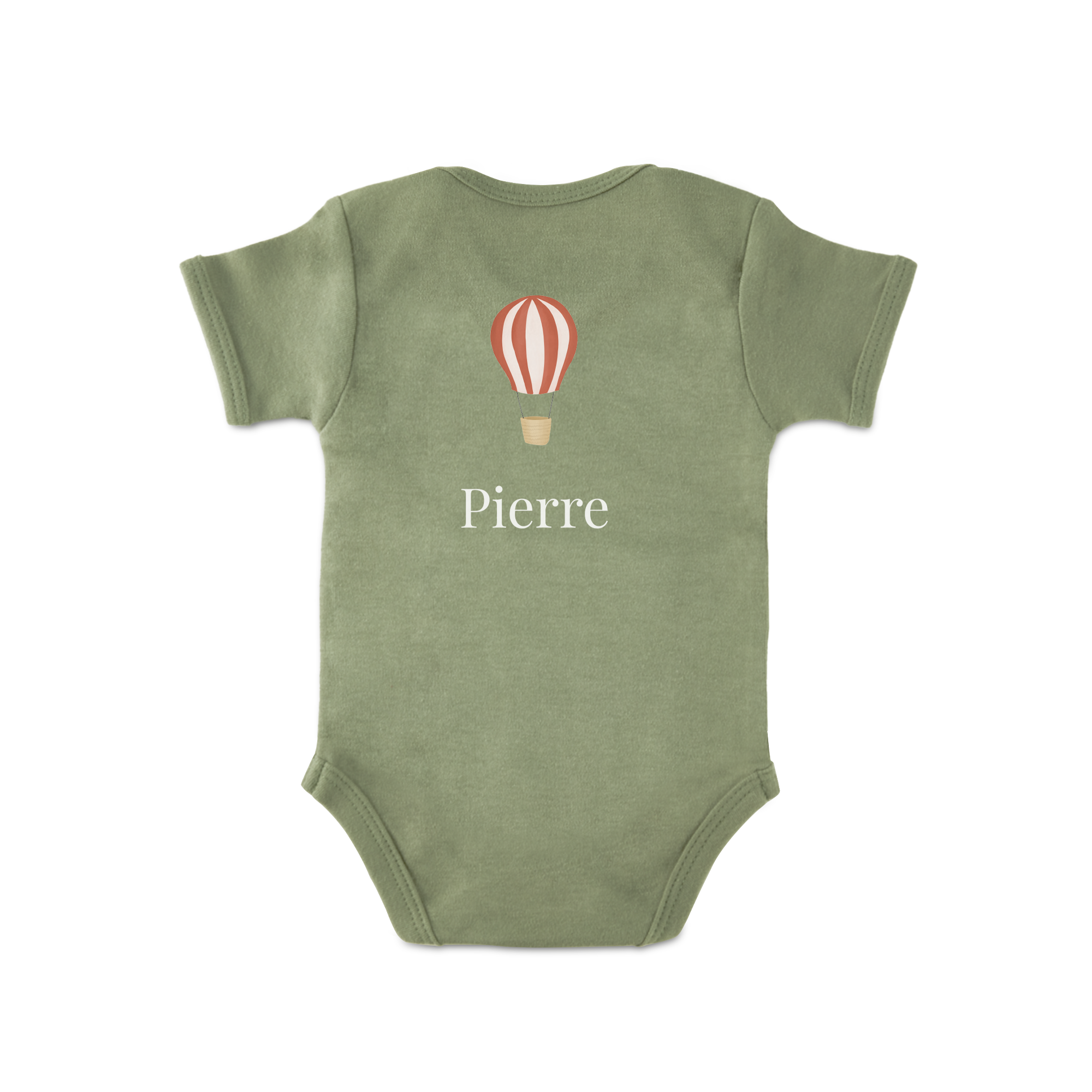 Body bébé vert personnalisé avec un prénom et une impression de montgolfière pour créer votre propre body.