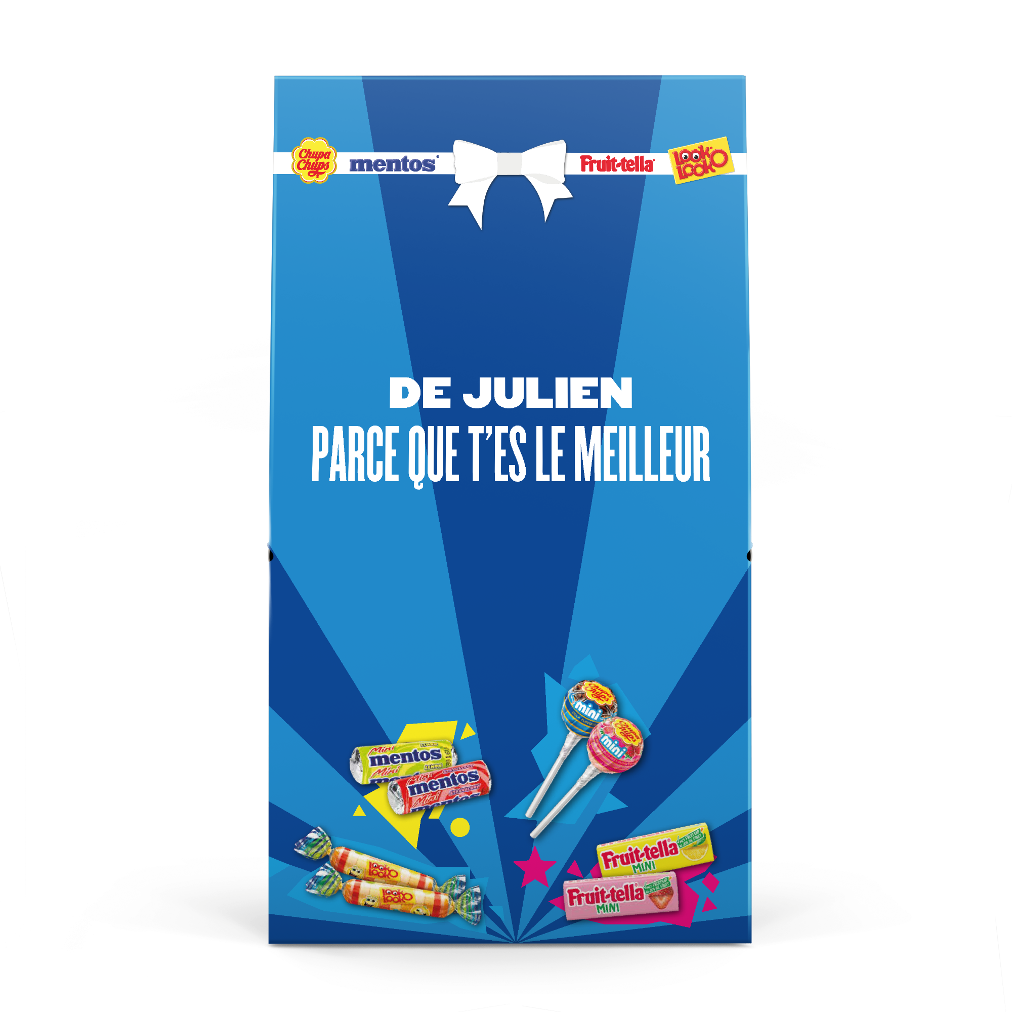 Mélange de bonbons Fruit-tella personnalisé, étiquette bleue imprimée "De Julien Parce que t'es le meilleur", avec mini Chupa Chups, Mentos et Look O Look