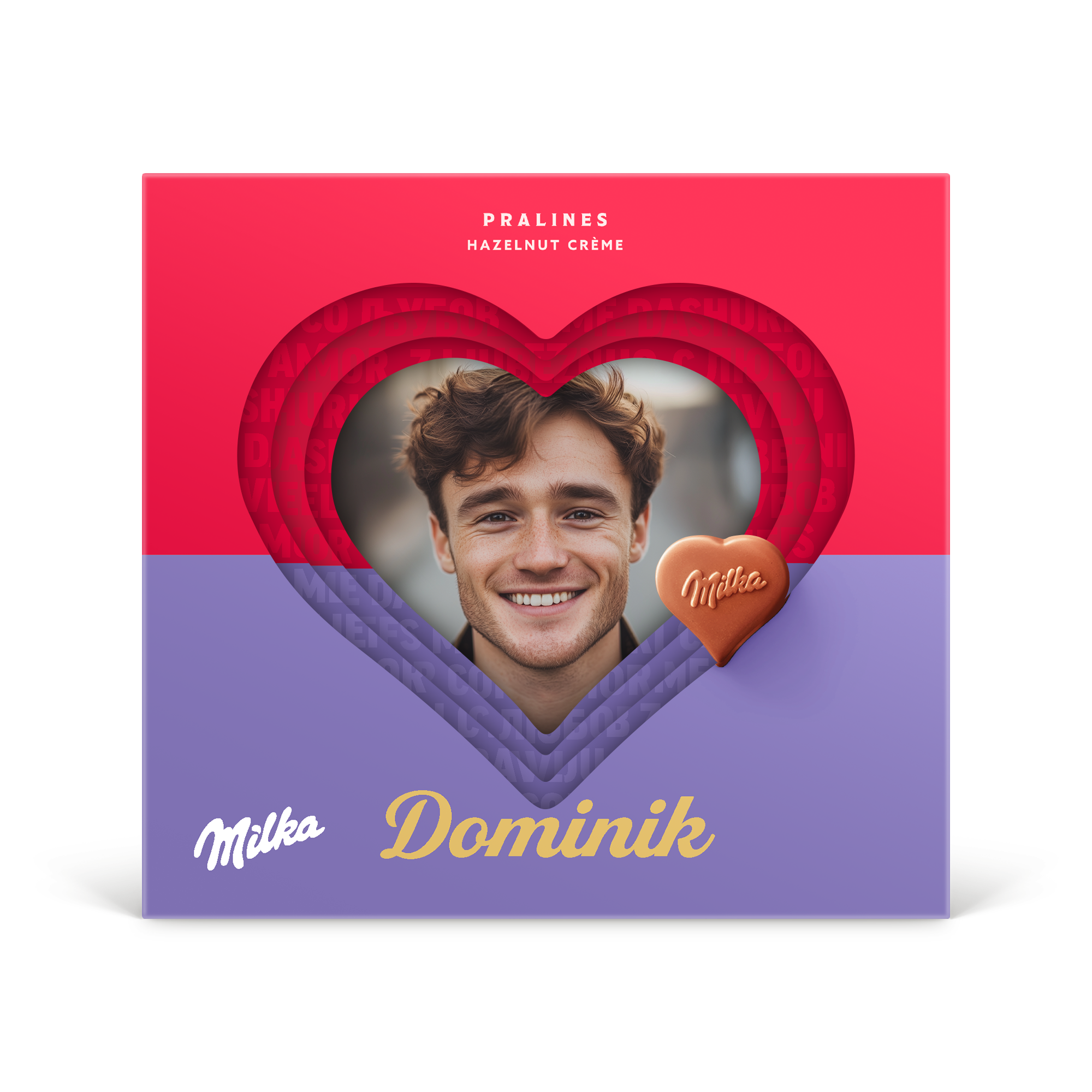 Personalisierte Milka Herzen 3D-Geschenkbox mit gedrucktem Foto eines Mannes und dem Namen Dominik, gefüllt mit Pralinen