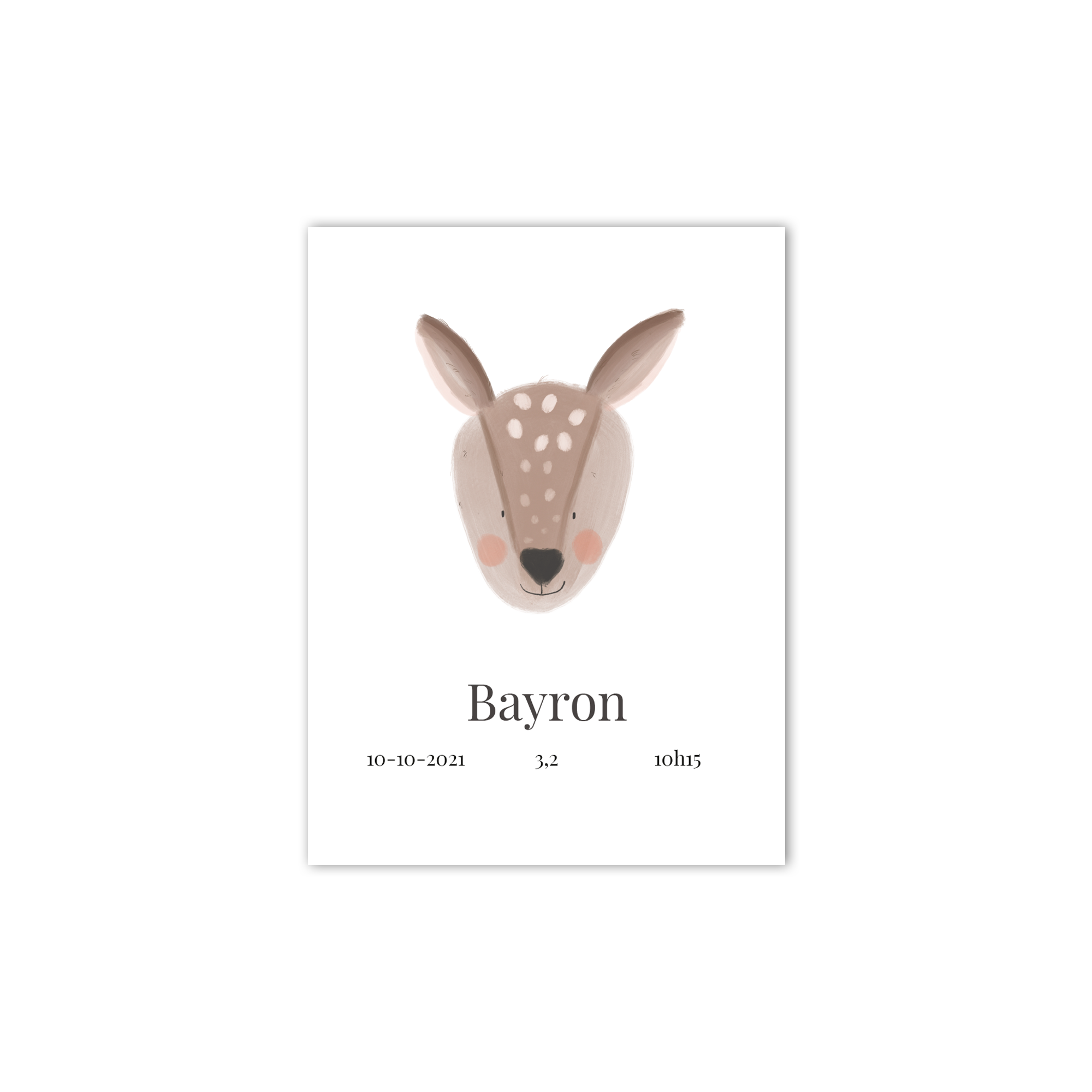 Poster chambre bébé personnalisé avec un motif faon et les détails de naissance imprimés, Bayron, 10-10-2021, 3,2, 10h15.