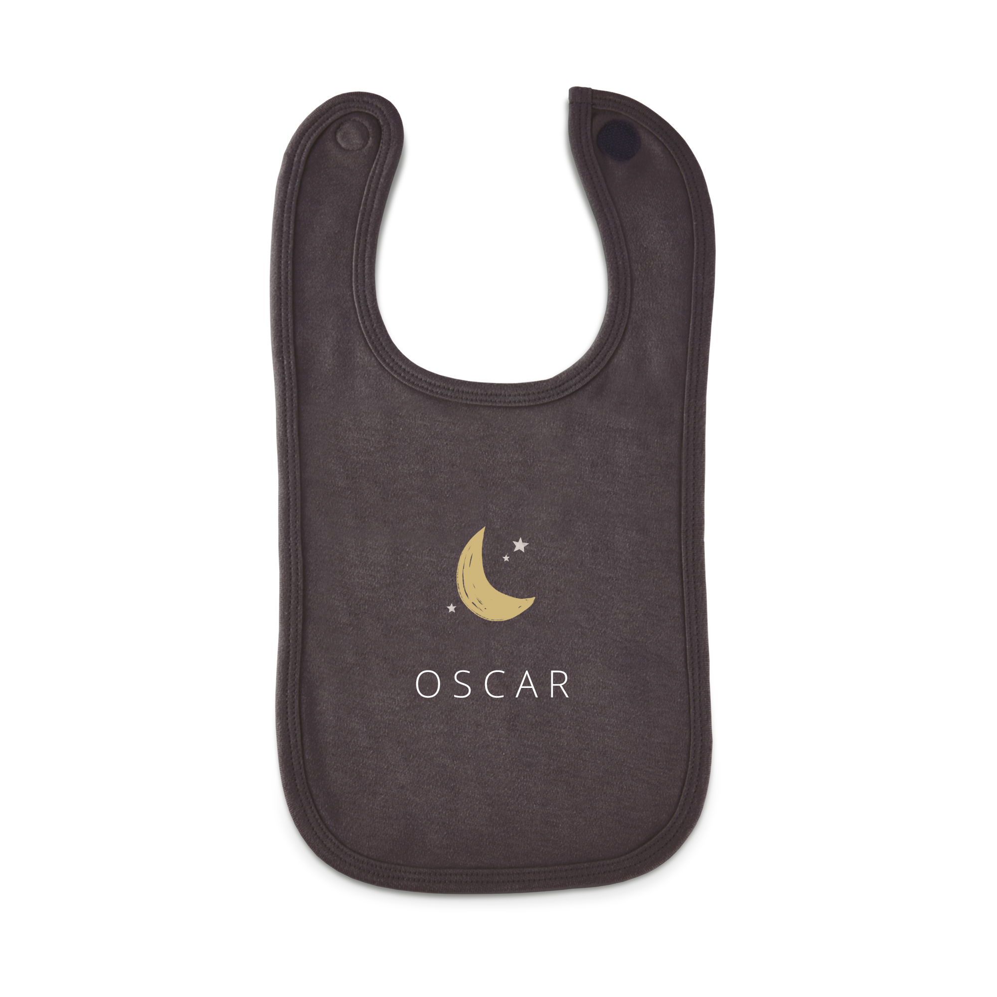 Dark grey personalized bib printed with a crescent moon three stars and the name Oscar