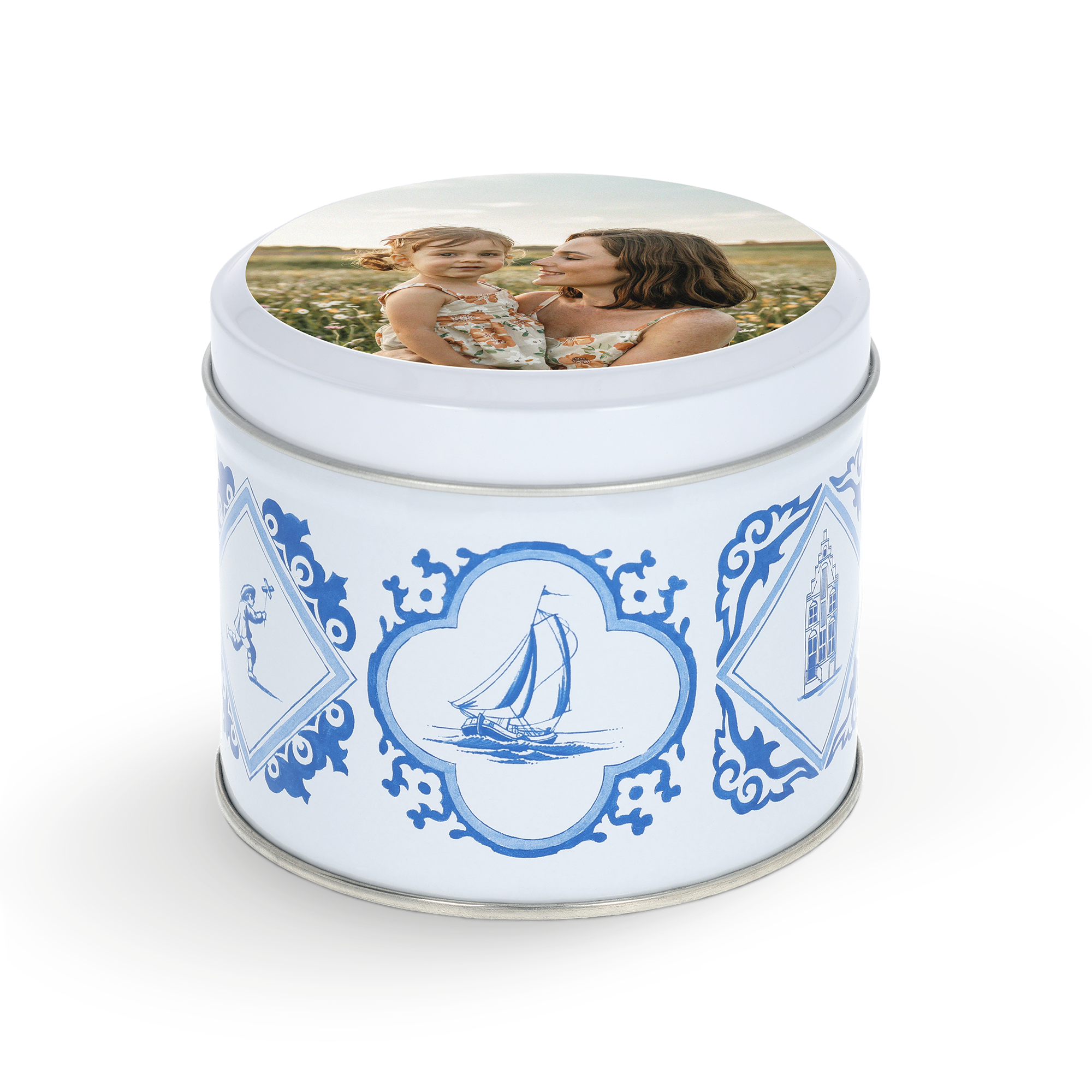Stroopwafel Tin with Printed Lid - Delft Blue - 230 grams - Daelmans, customized with a photo of a mother and child.
