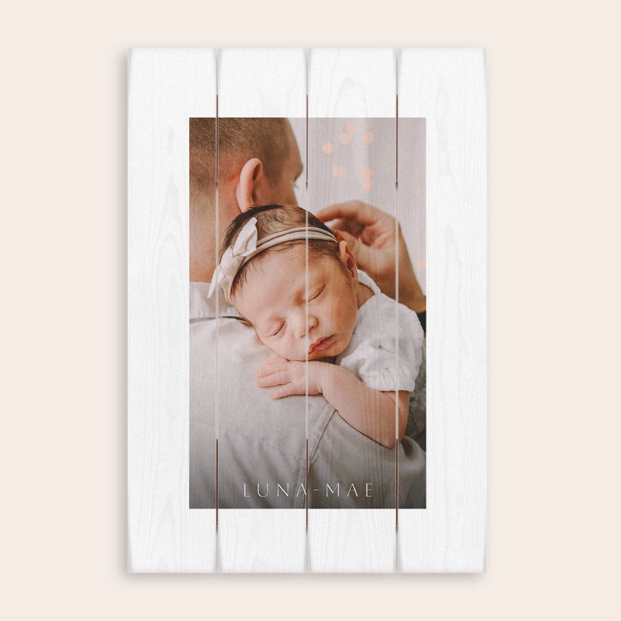 Photo on wood Photo printed onto whitewashed wooden planks featuring a sleeping baby and custom text Luna-Mae