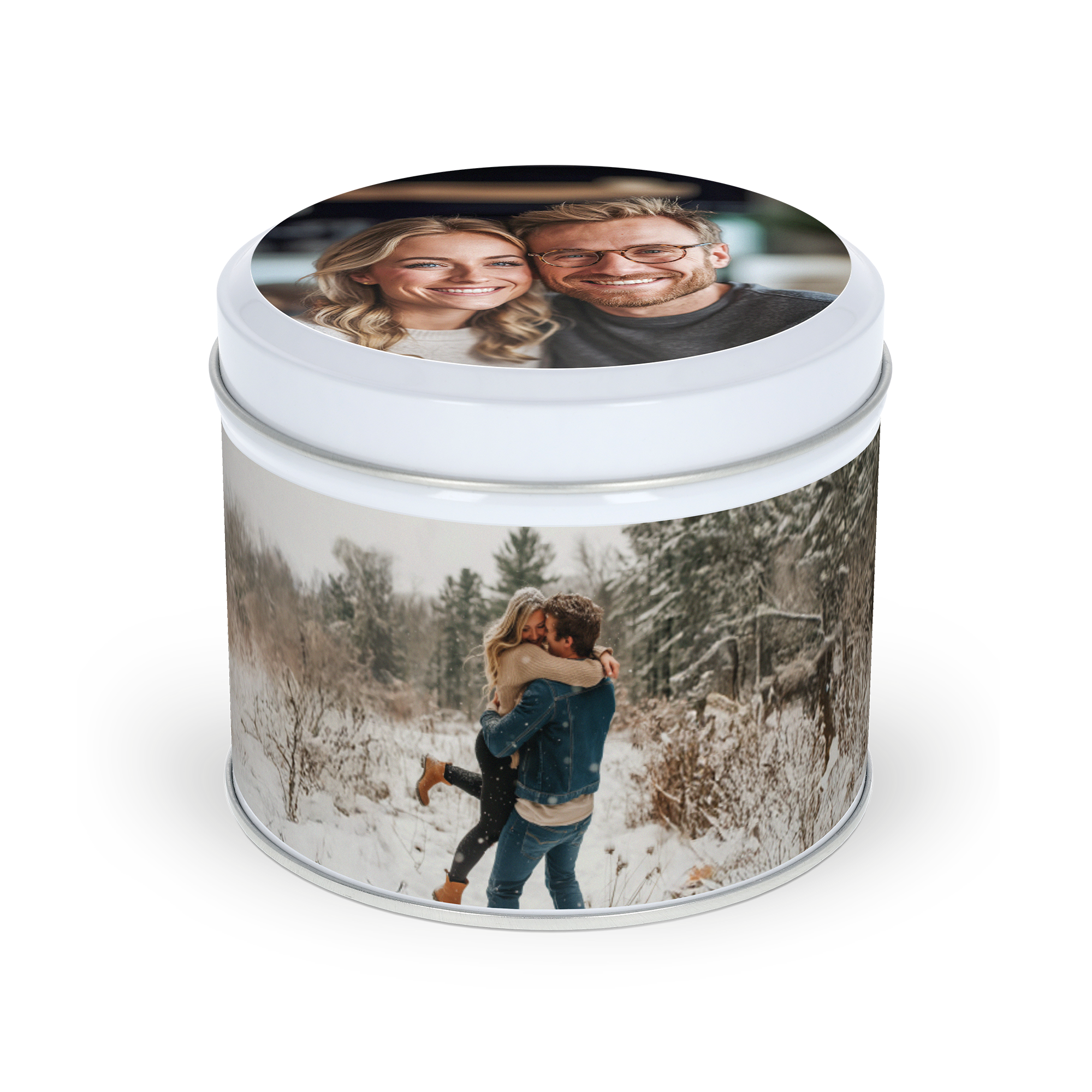 Boîte personnalisée de Stroopwafels Ronde imprimée avec des photos de couple.