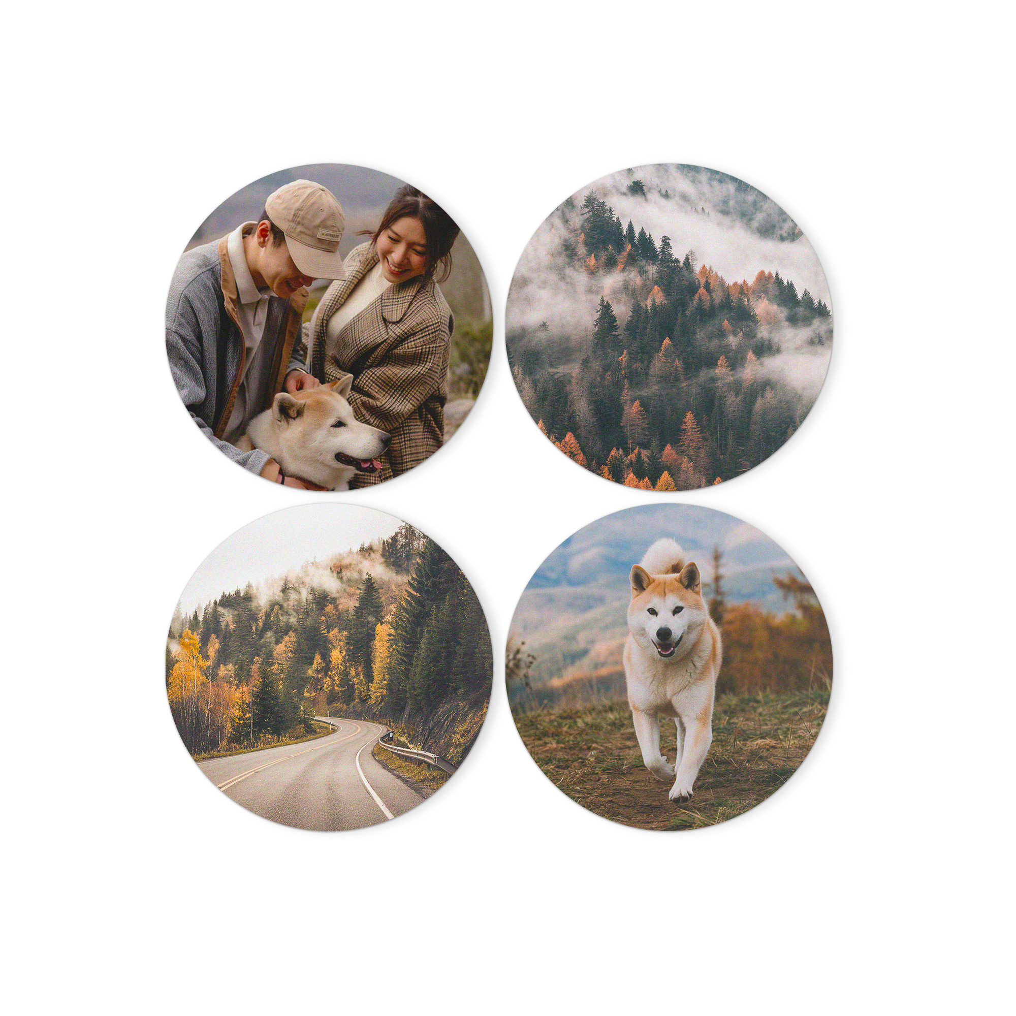 Quatre panneaux muraux ronds en bois personnalisables avec des photos d'un couple, d'un chien et d'un paysage forestier.