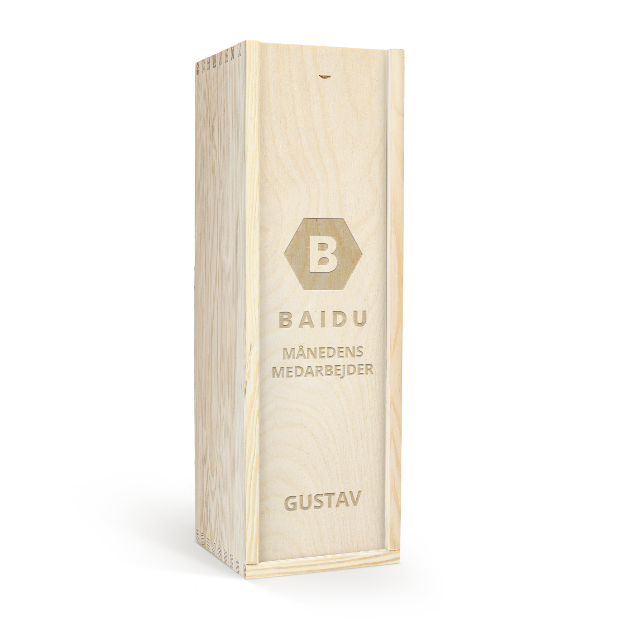 Luksus graveret vinboks i træ til Ramon Bilbao vin med teksten "B Baidu Månedens Medarbejder Gustav"