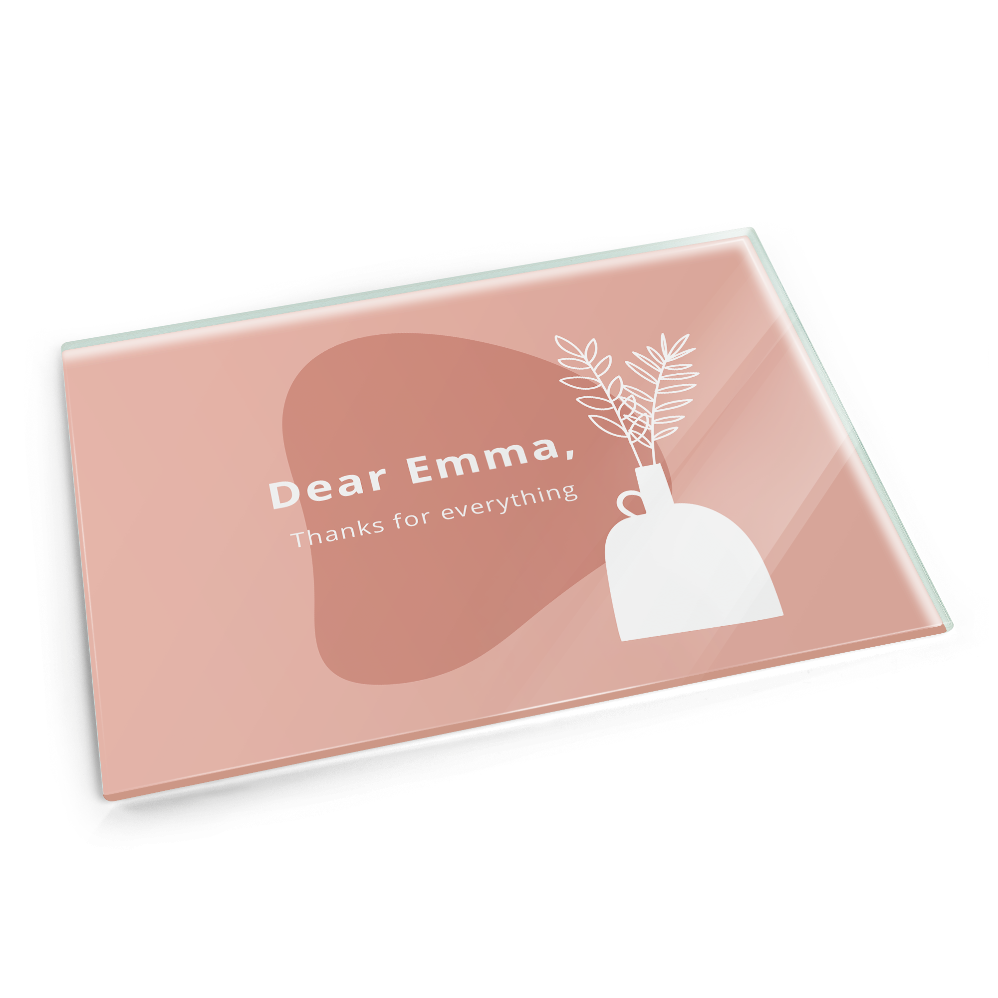 Personalizirana steklena deska za rezanje z napisom Dear Emma, Thanks for everything, potiskana z dekoracijo.